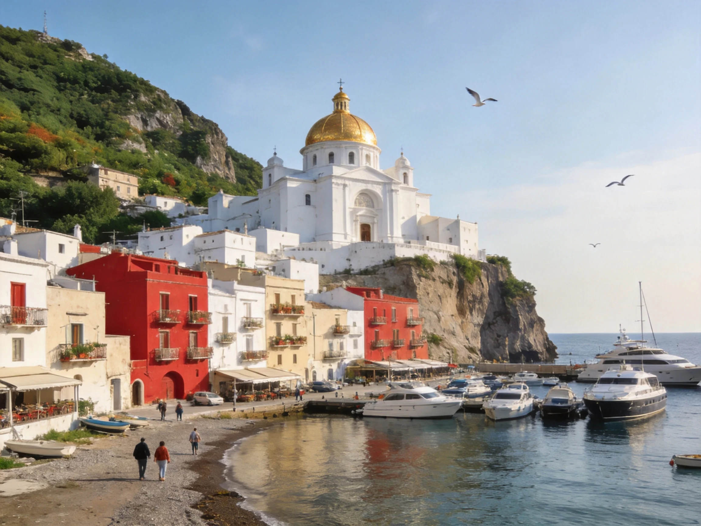 Coastal village with colorful homes, golden-domed church, and docked yachts