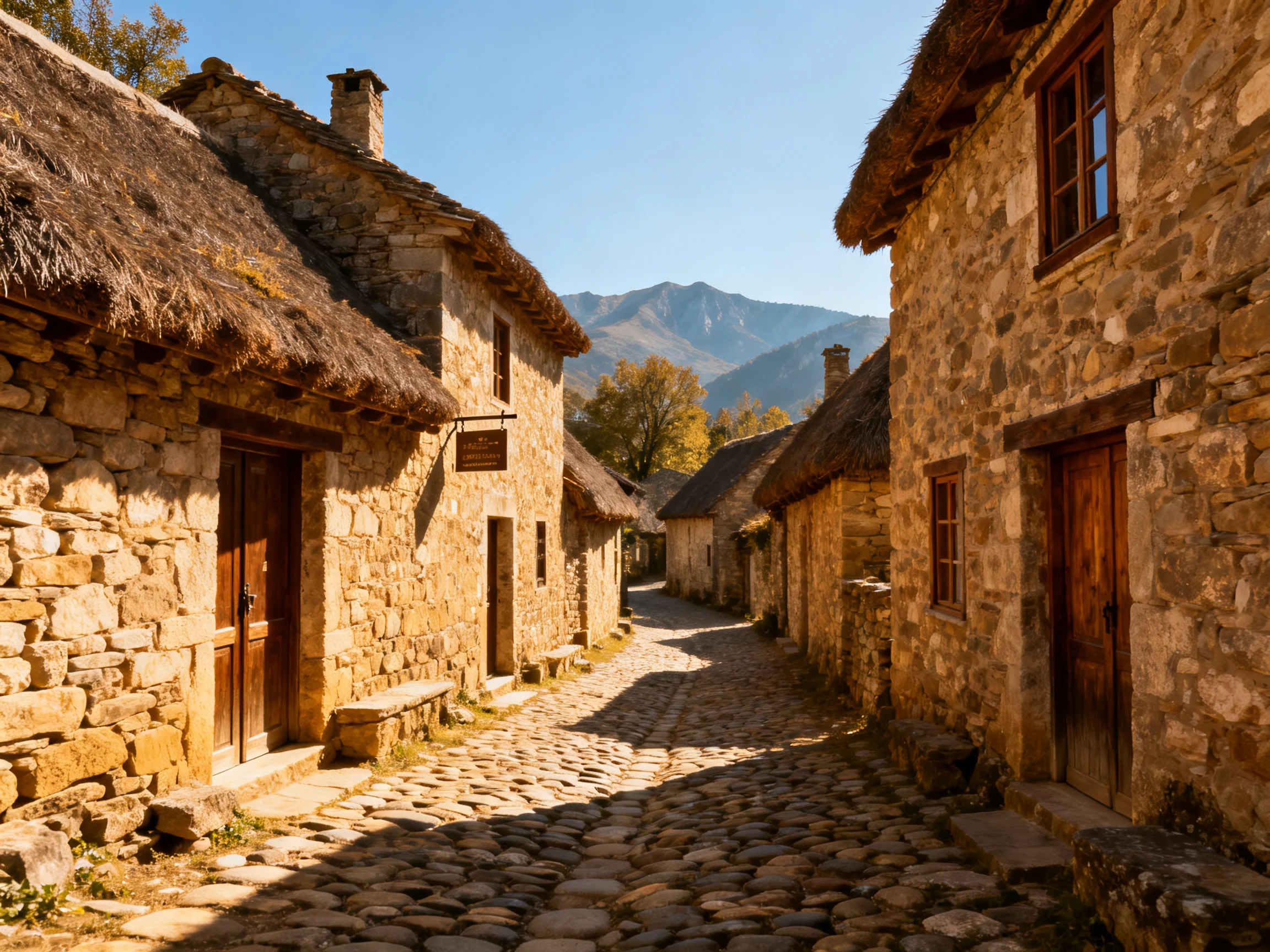 Cobblestone Street Between Stone Houses With Thatched Roofs