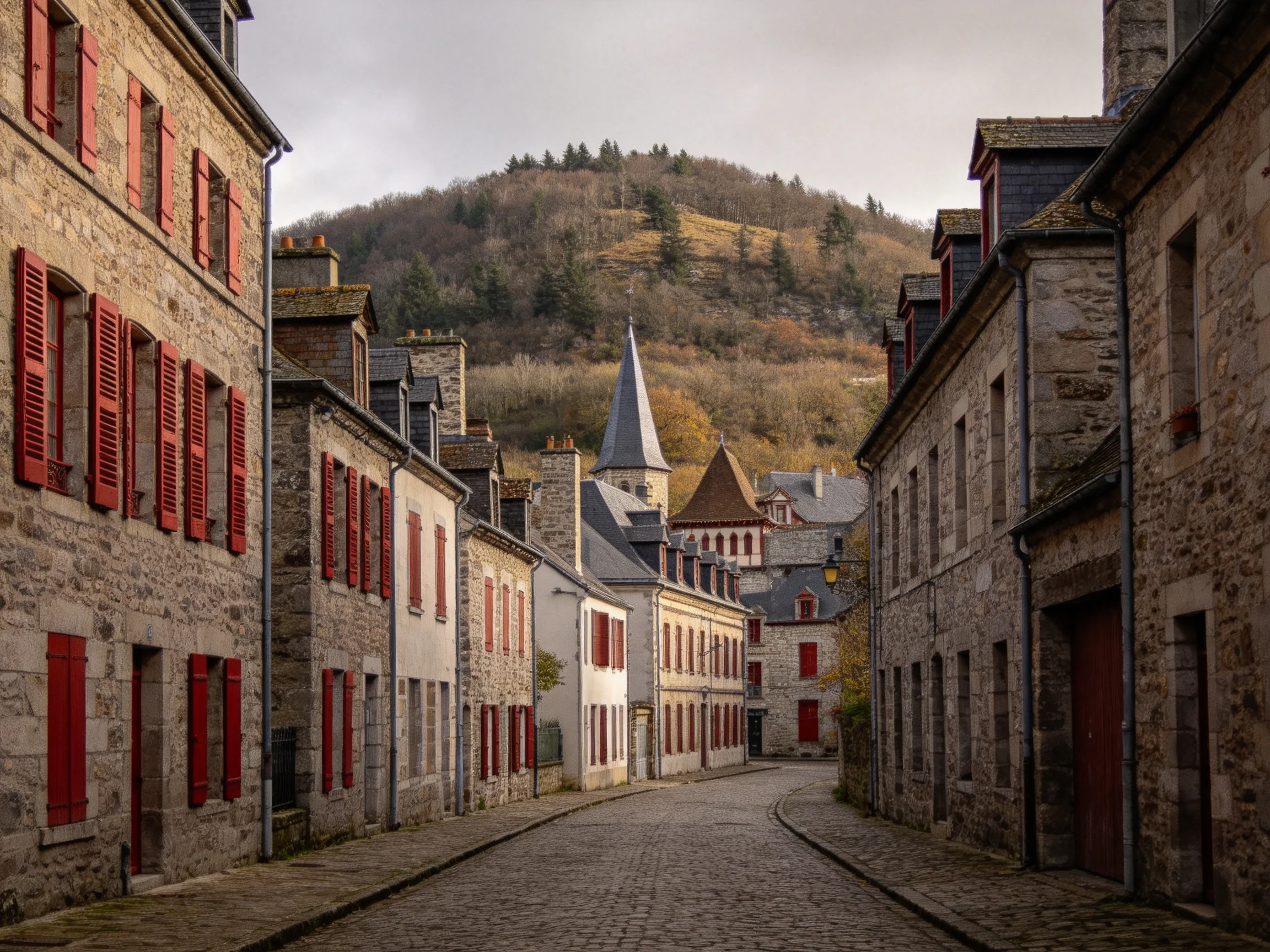 Cobblestone Street Through Historic Stone Buildings with Red Shutters