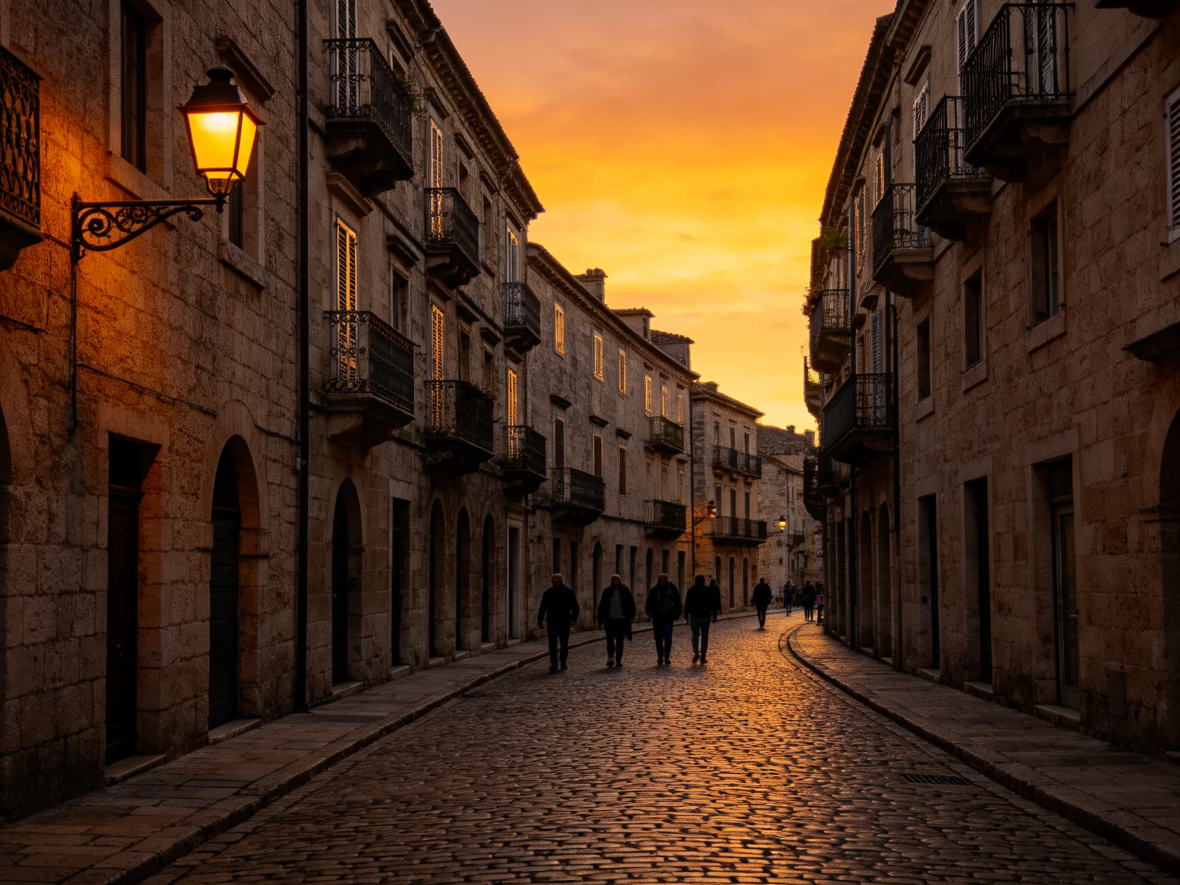 Cobblestone Street at Sunset with Historic Stone Buildings