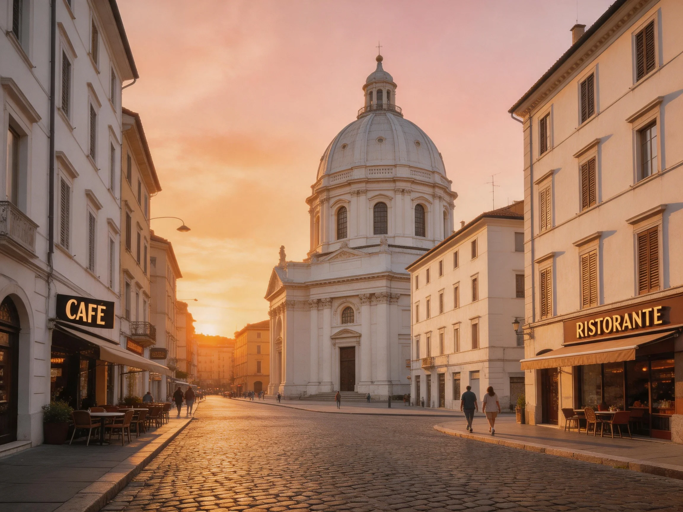 Cobblestone Street with White Church at Sunset