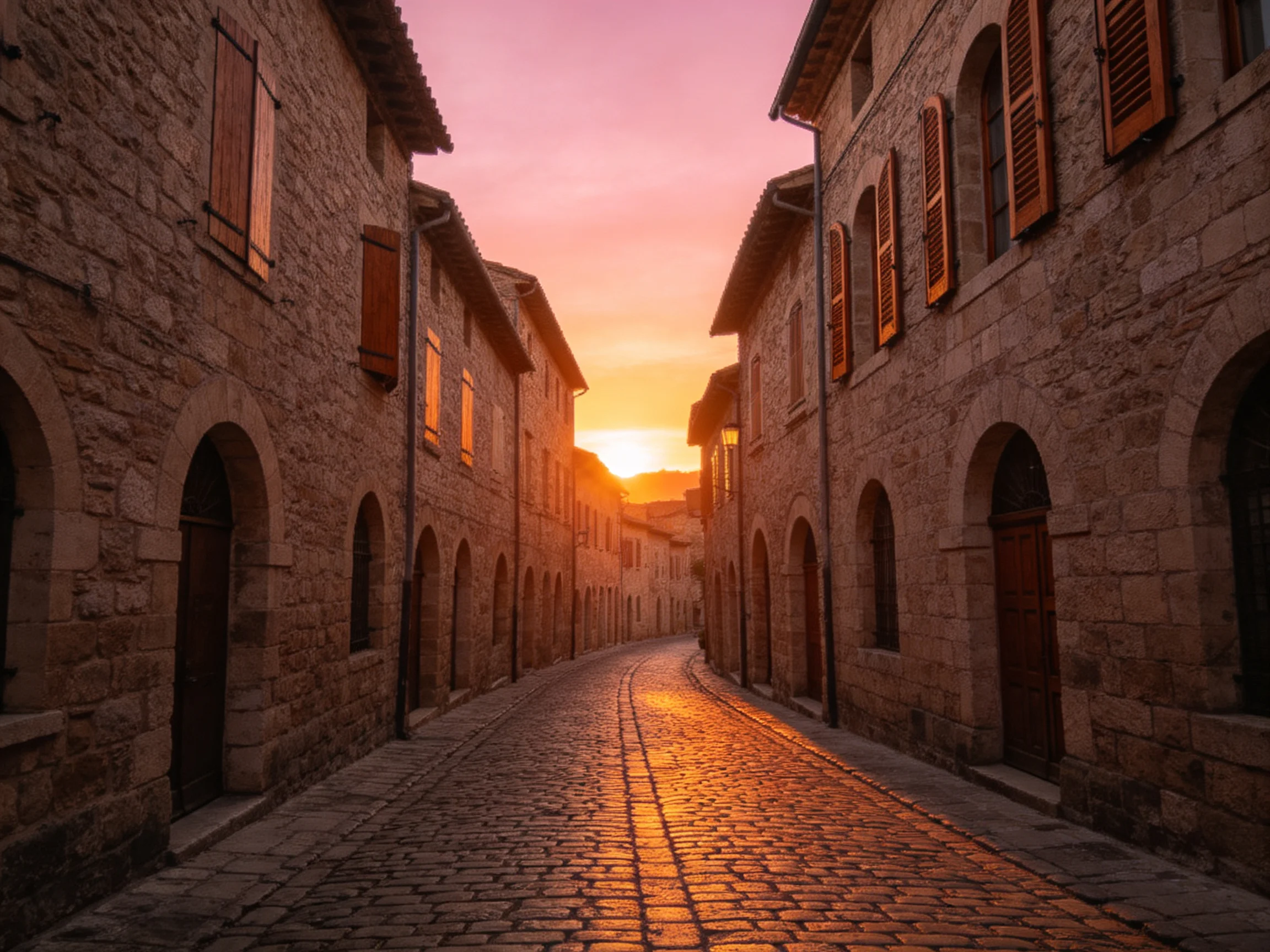 Cobblestone street framed by ancient stone buildings under a vivid sunset