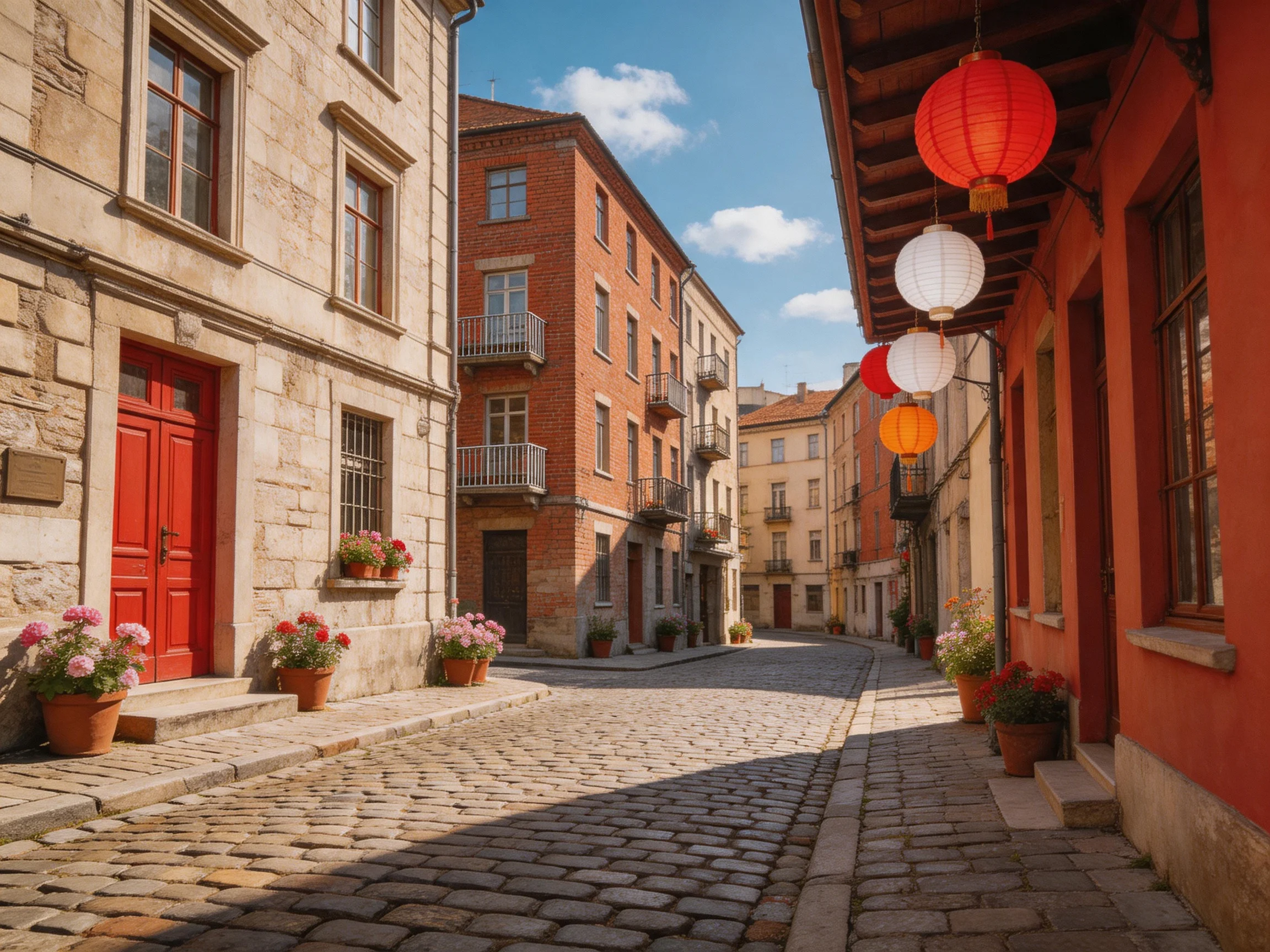Cobblestone street with historic stone and brick buildings, colorful lanterns