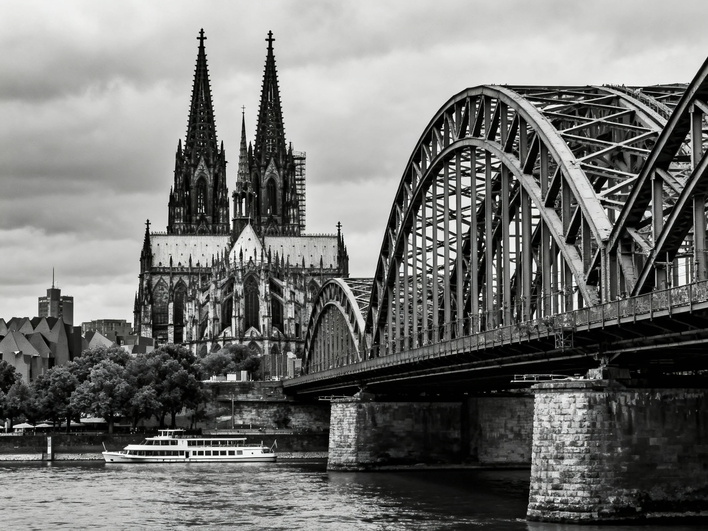 Cologne Cathedral and massive iron arch bridge over calm river