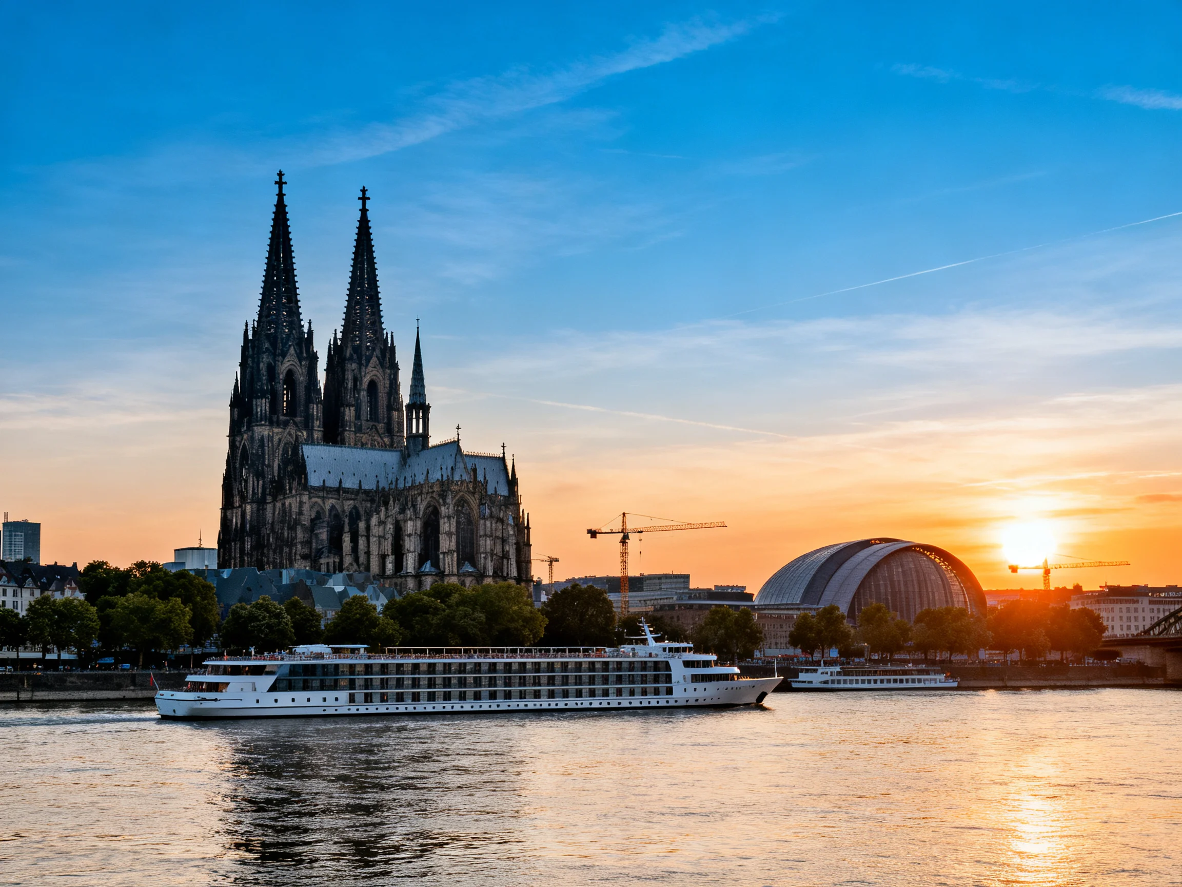 Cologne Cathedral at Sunset with Cruise Ship on River