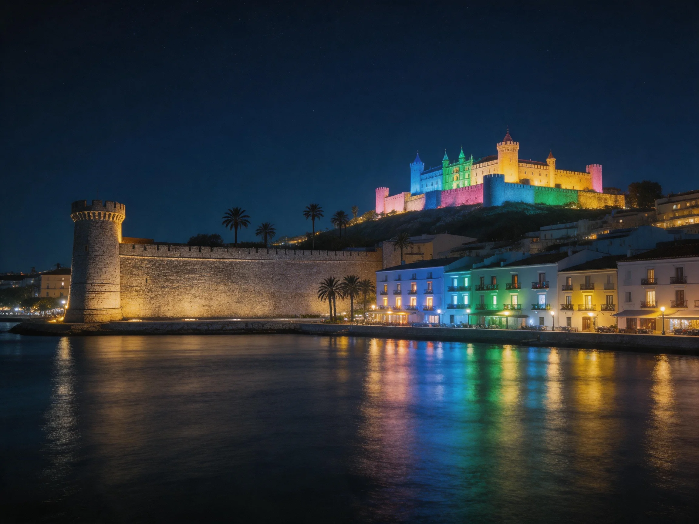 Colorful Castle Illuminated at Night Over Waterfront