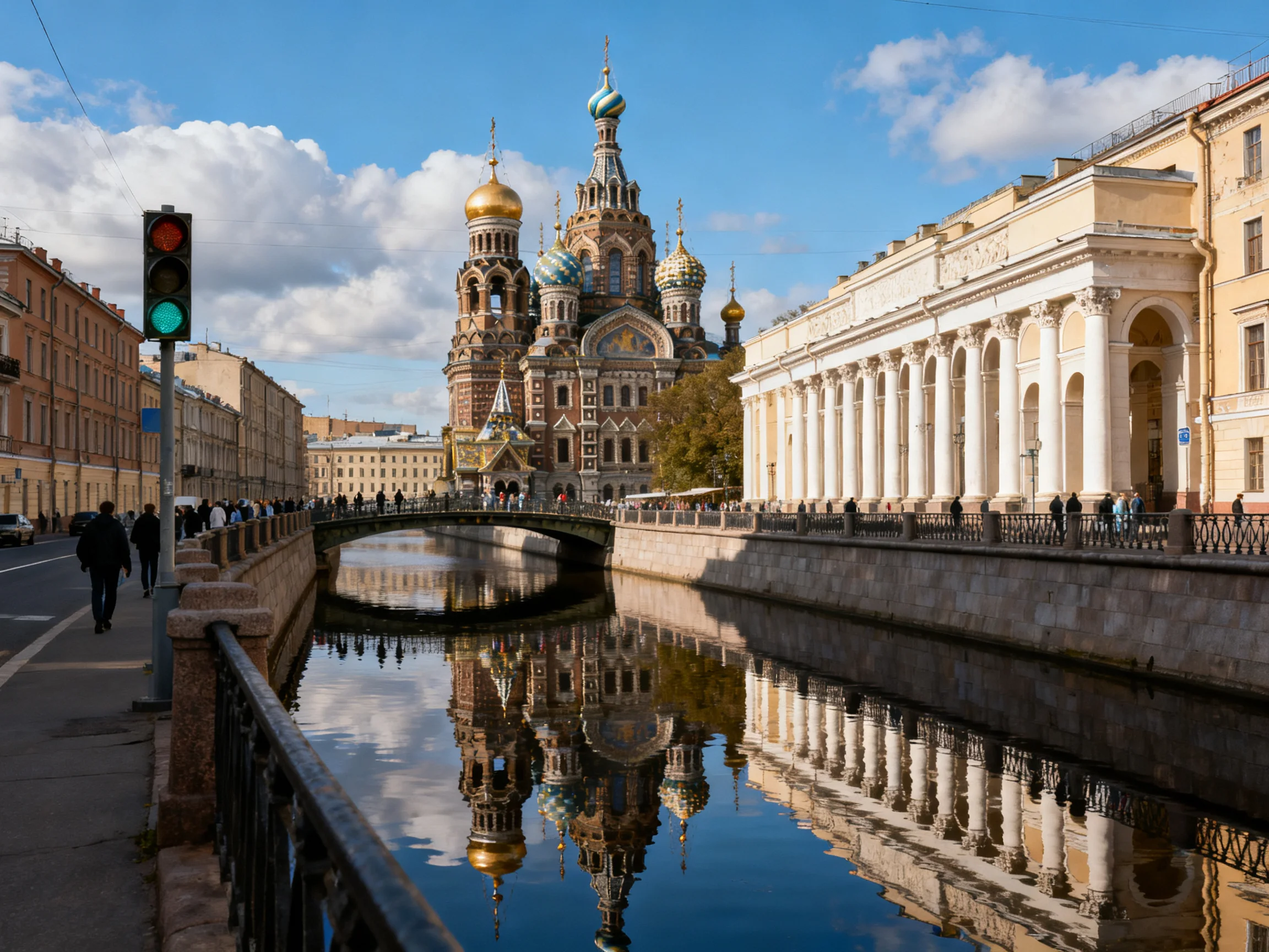 Colorful Church Reflects in Canal Near Classical Building