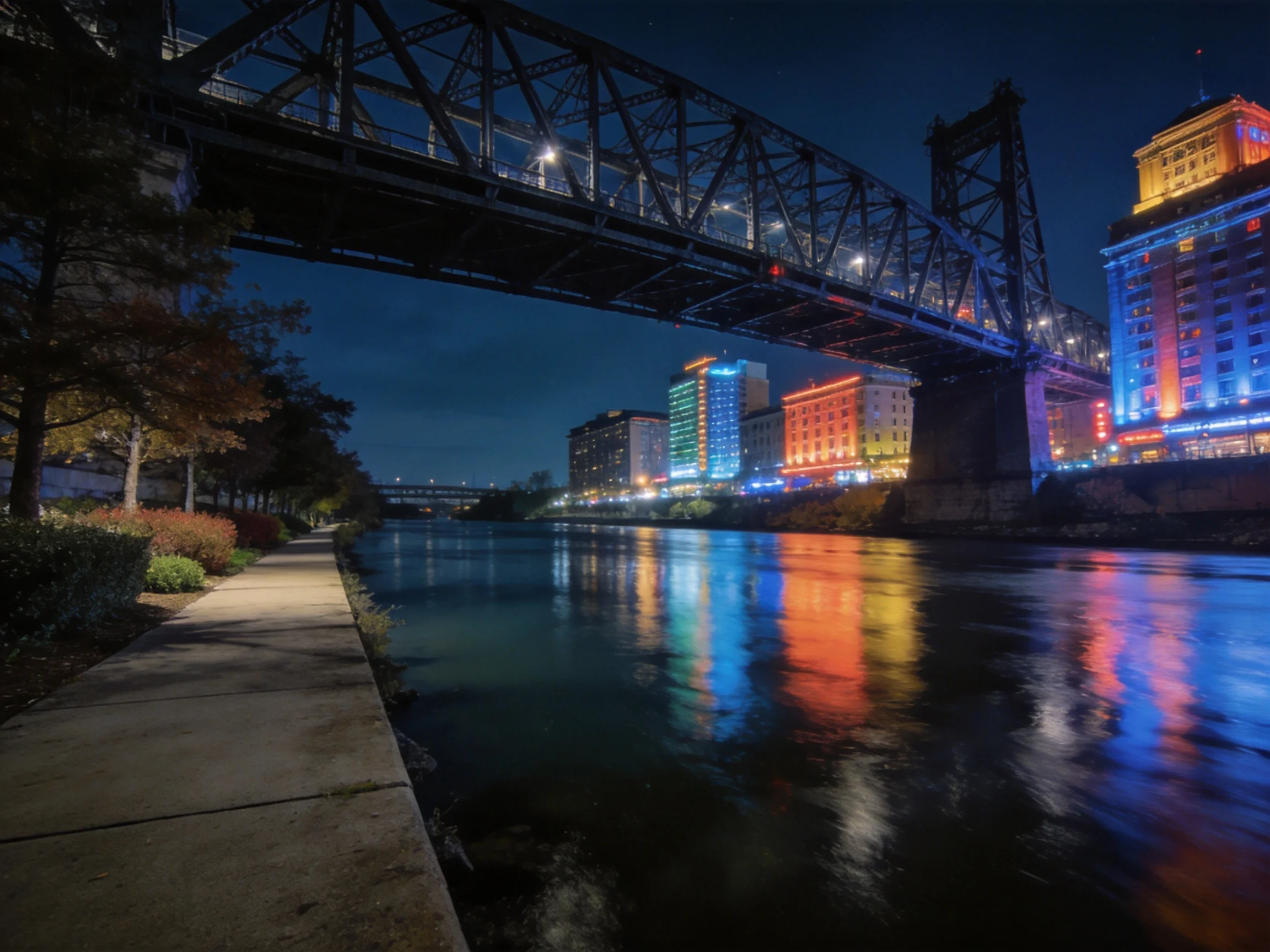 Colorful City Buildings Reflecting on River Beneath Steel Bridge at Night