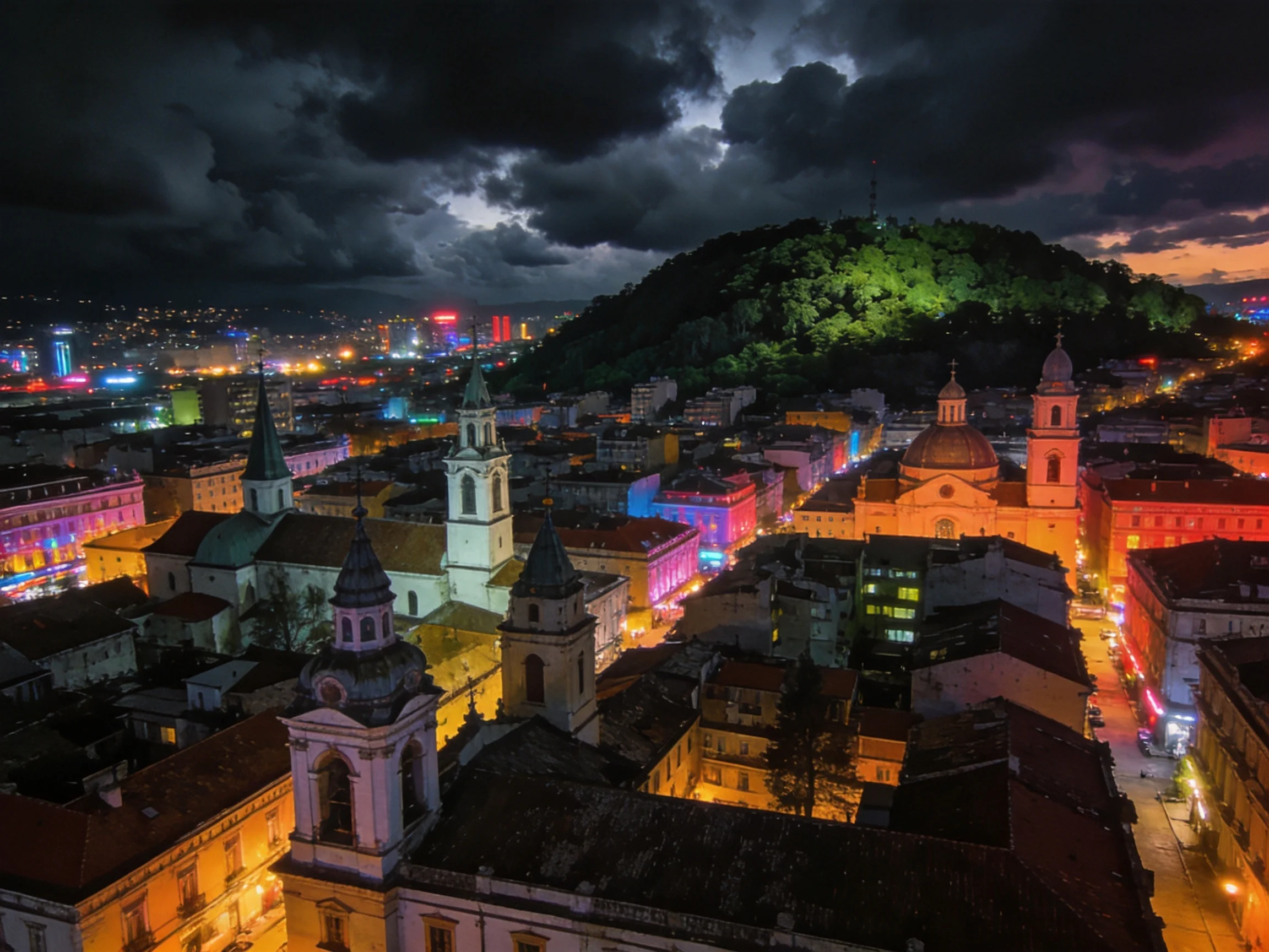 Colorful Cityscape Under Dark Stormy Skies