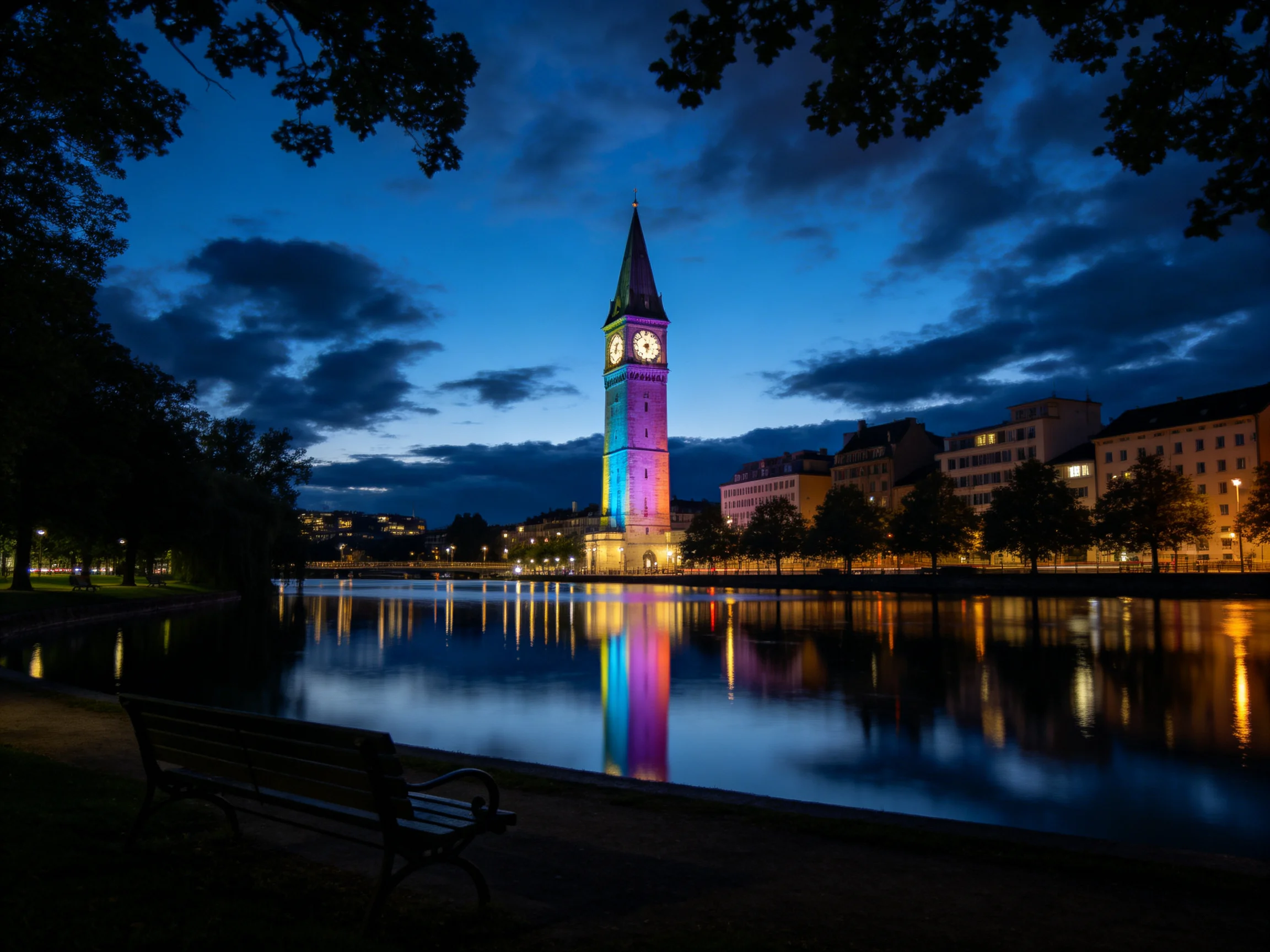 Colorful Clock Tower Illuminated at Dusk by Water
