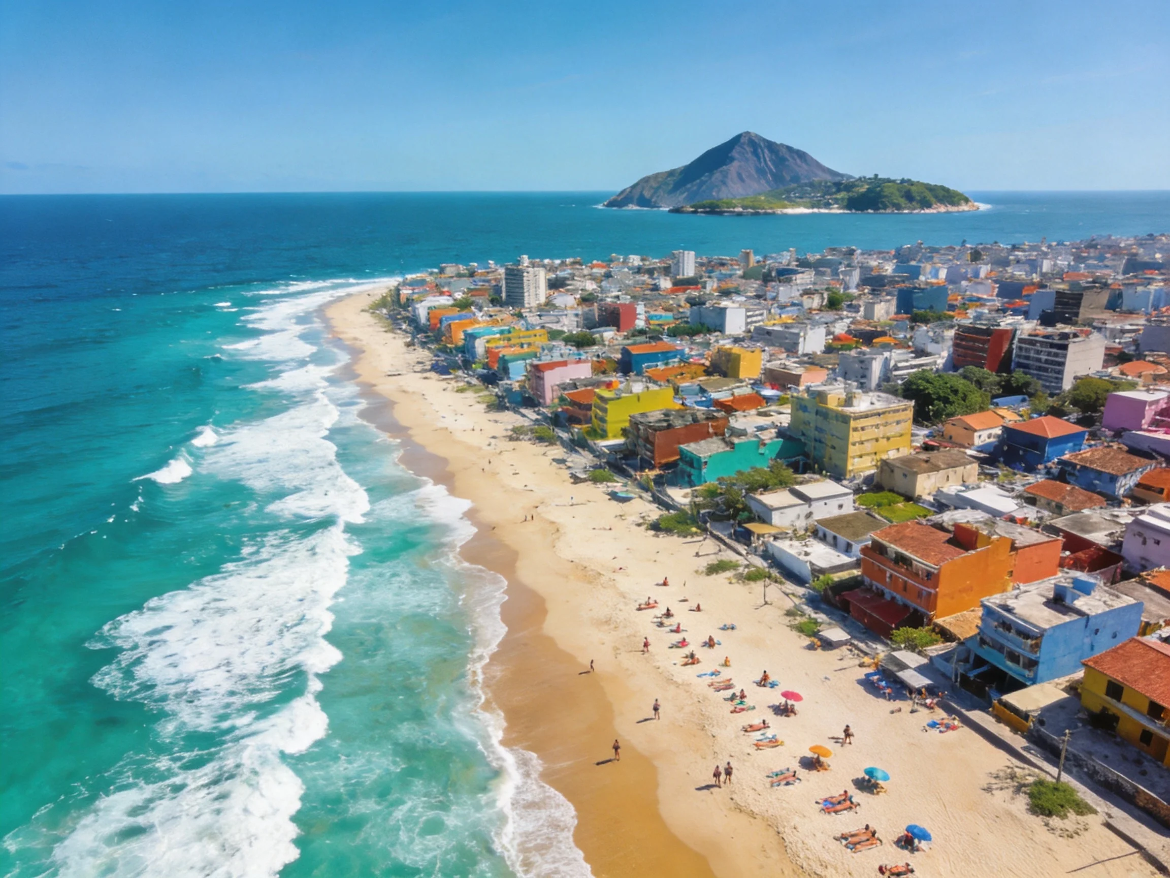 Colorful Coastal City with Beach, Ocean, and Island
