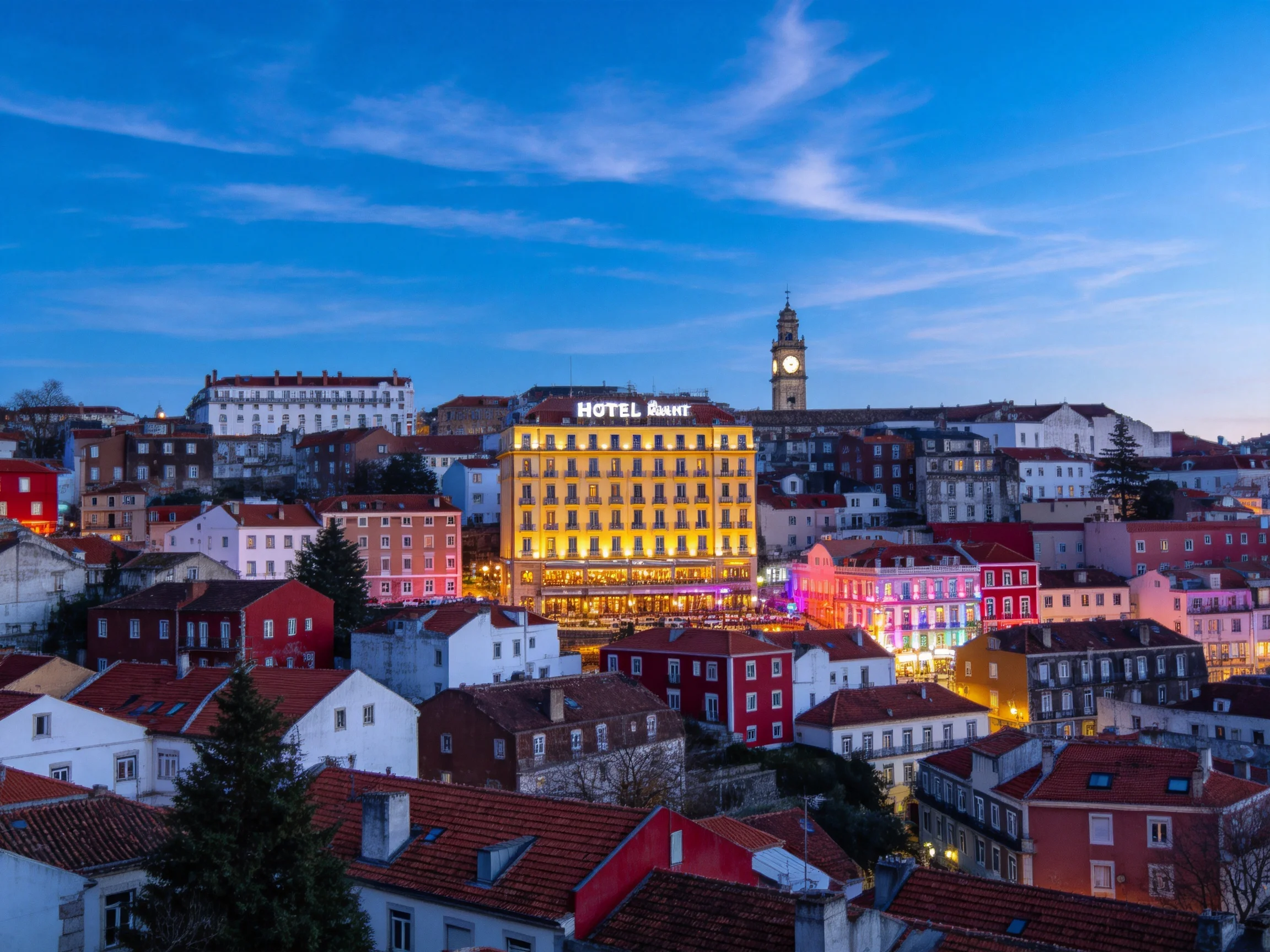 Colorful Historic Cityscape with Illuminated Hotel and Clock Tower
