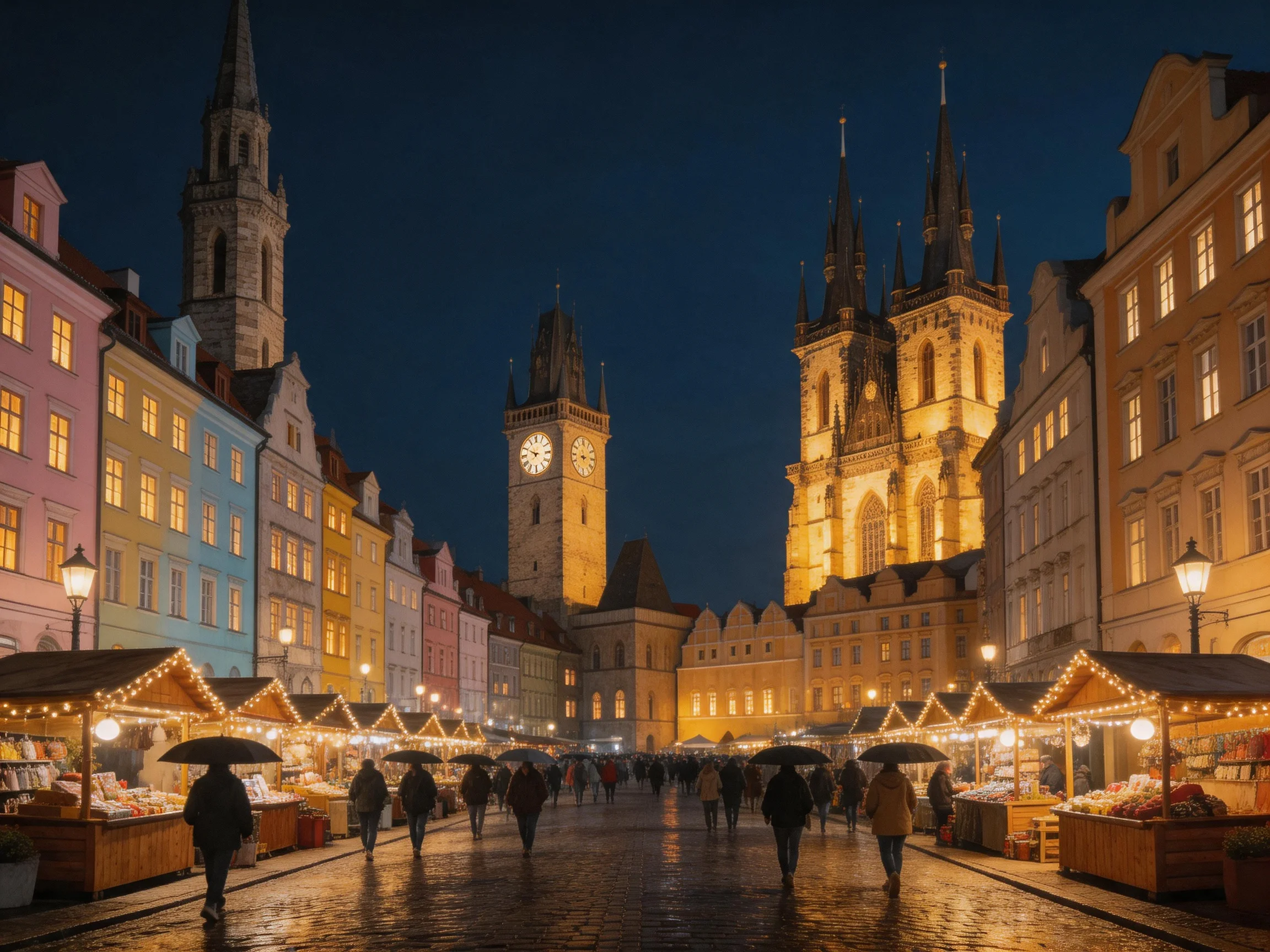 Colorful Historic Square with Market Stalls and Illuminated Towers
