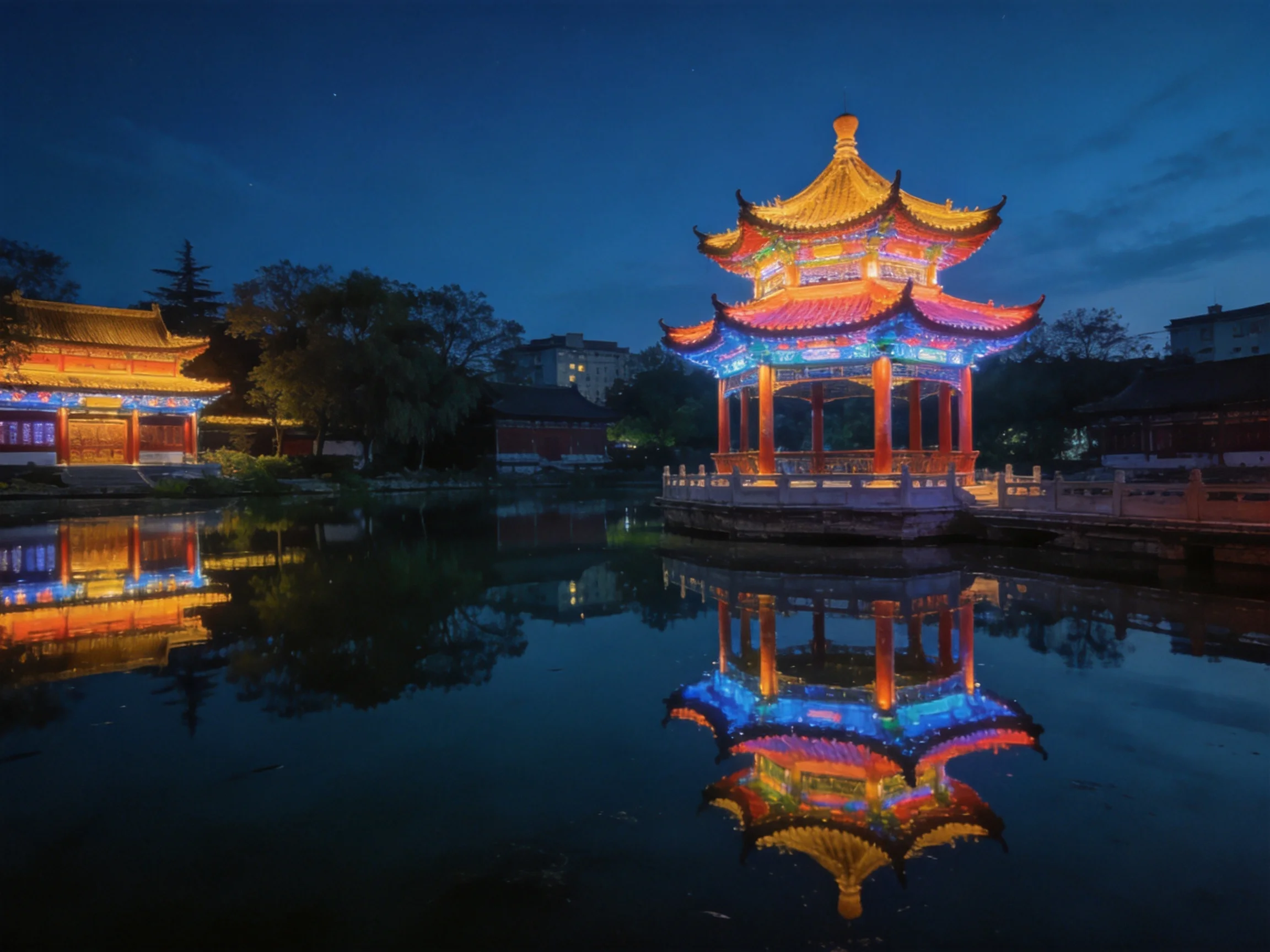 Colorful Pagoda and Temple Reflecting in Calm Water at Night
