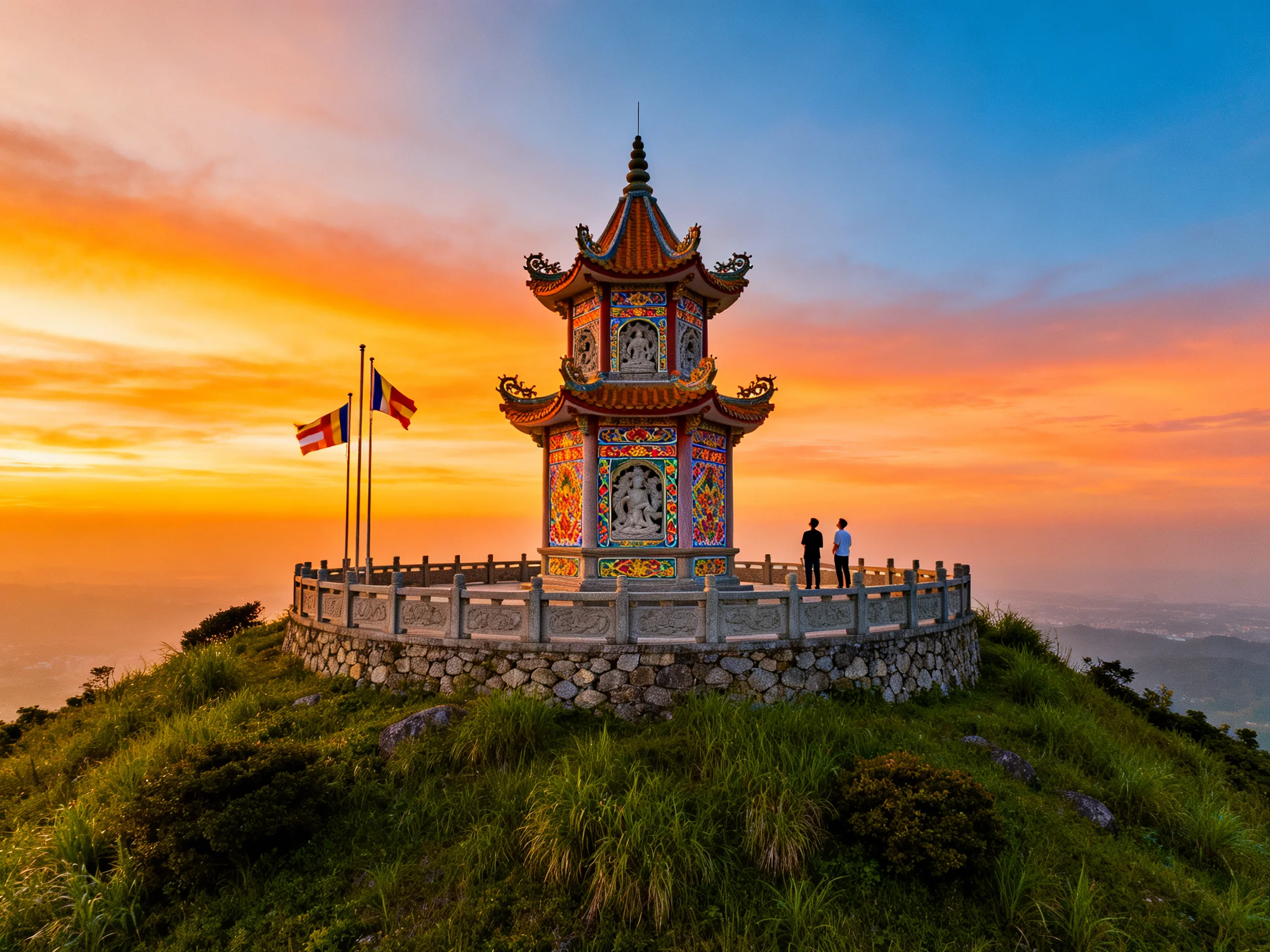 Colorful Pagoda on Mountain Peak at Sunset with Flags