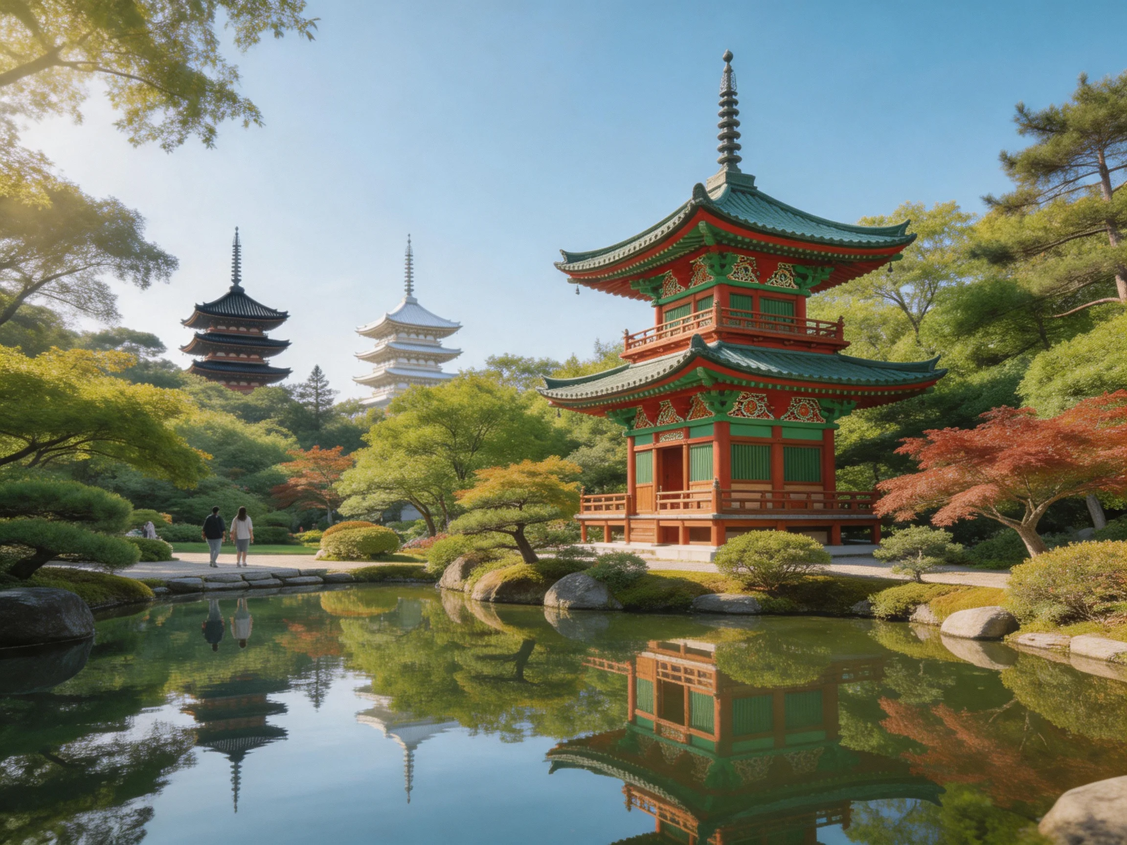 Colorful Pagodas Reflecting in a Tranquil Pond Garden