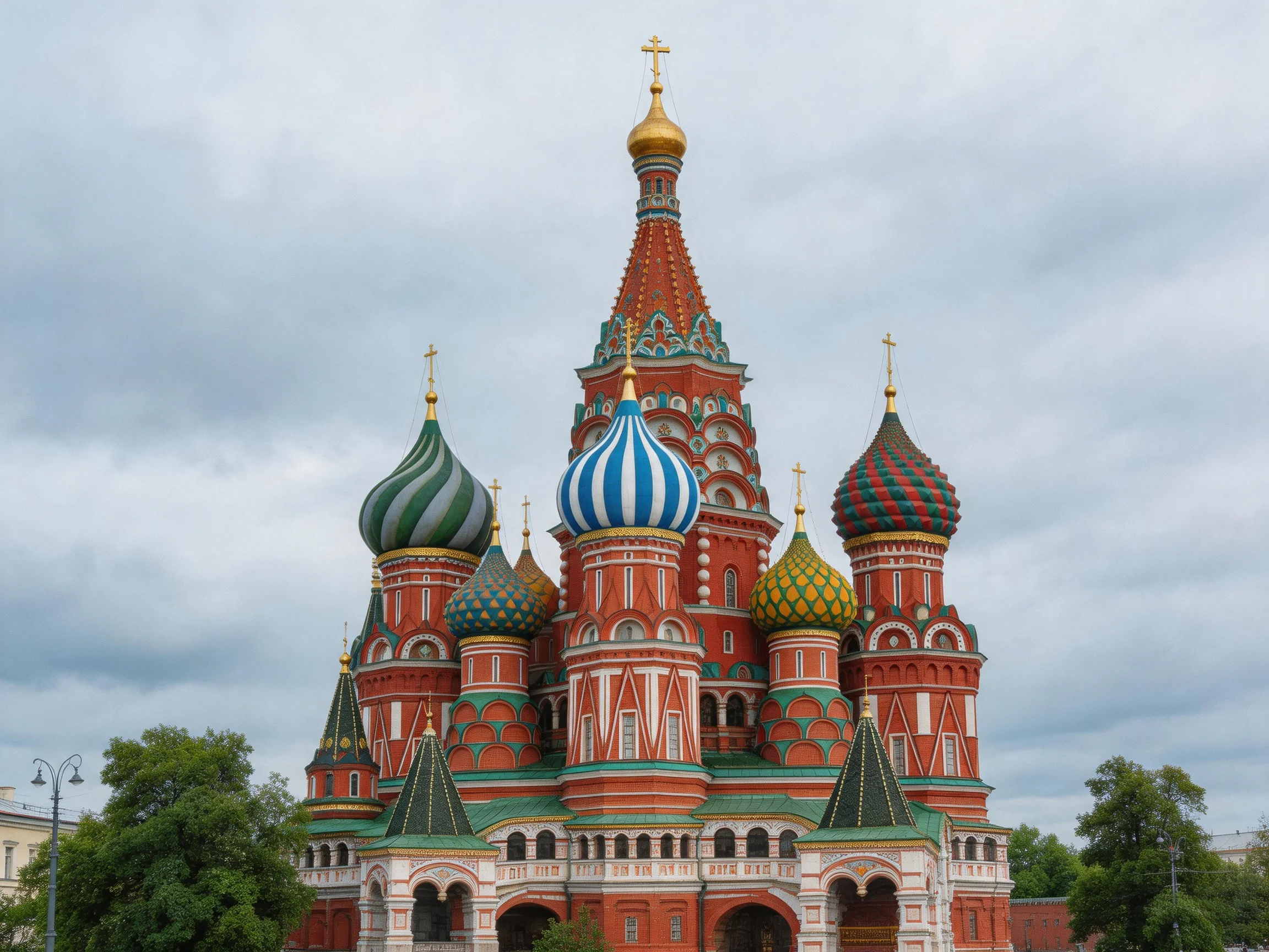 Colorful Russian cathedral with striped and patterned domes