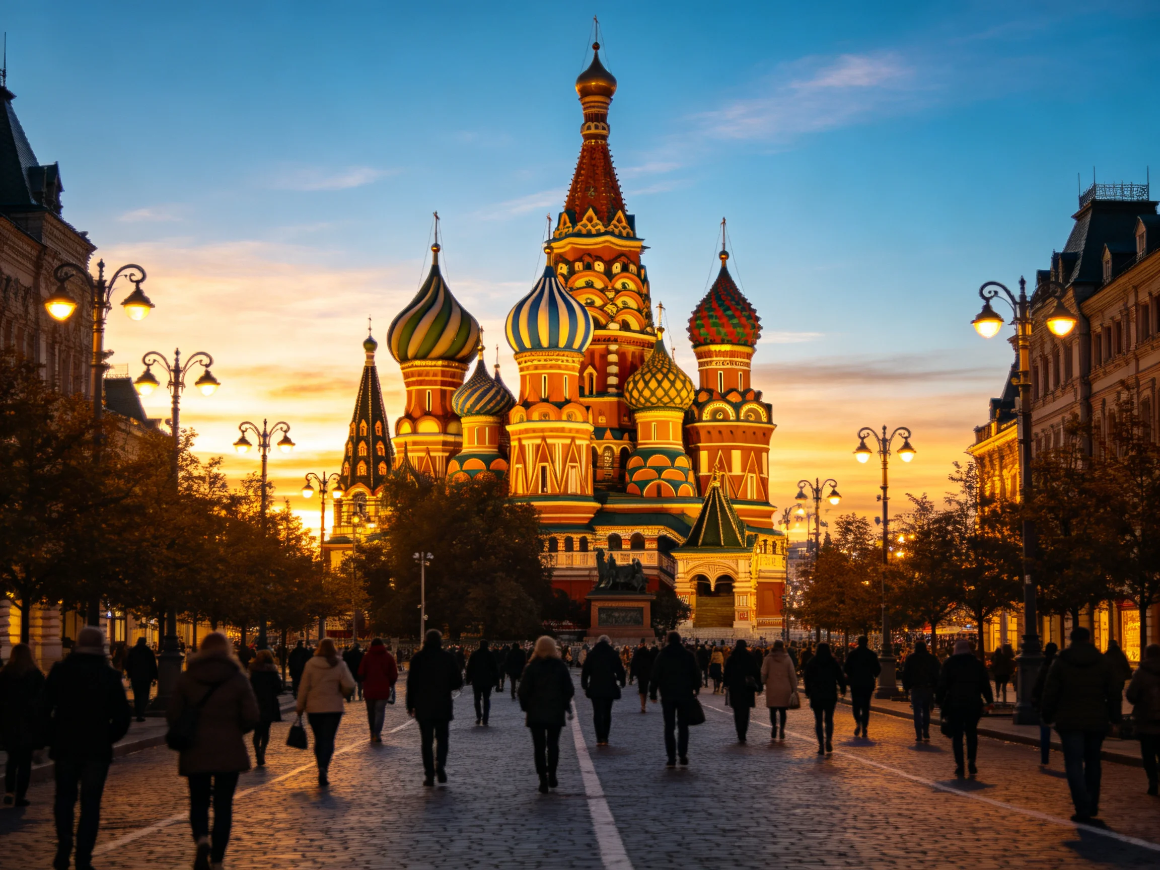 Colorful St. Basils Cathedral illuminated at sunset with pedestrians