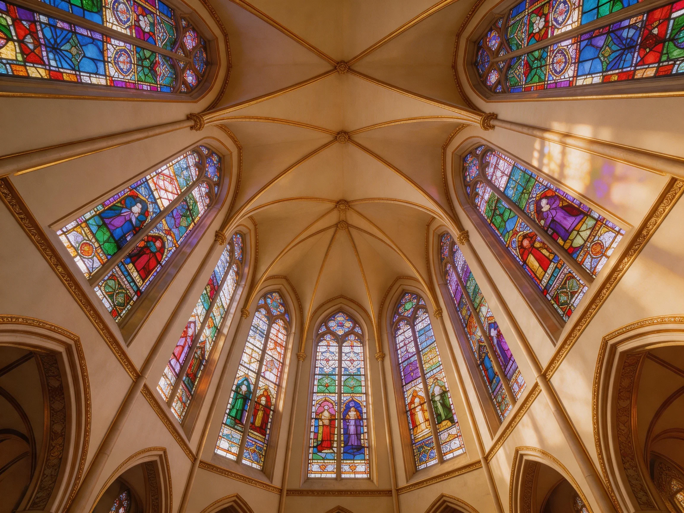 Colorful Stained Glass Windows in a Grand Church Interior