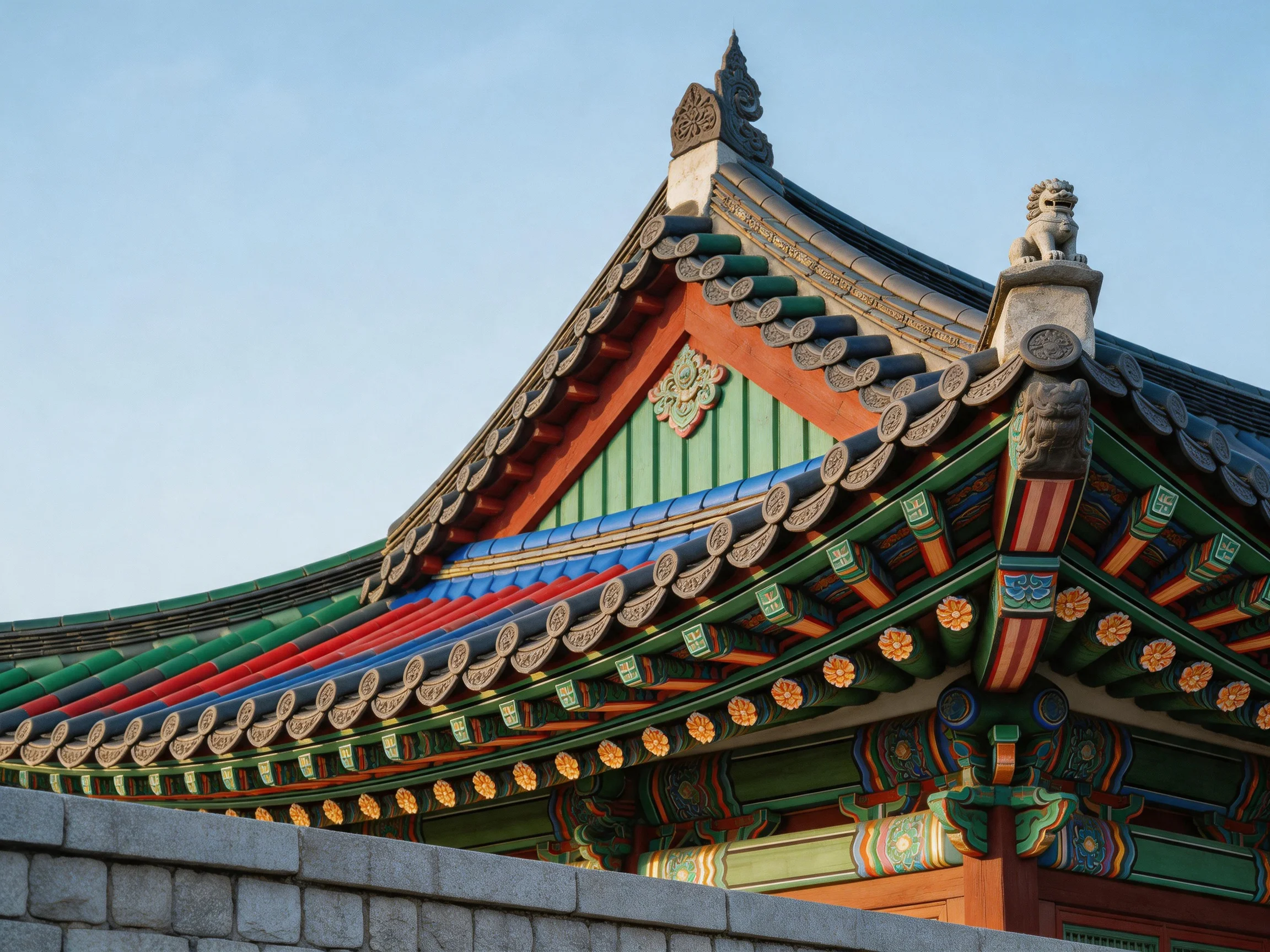 Colorful Traditional Korean Roof with Ornate Tile Details