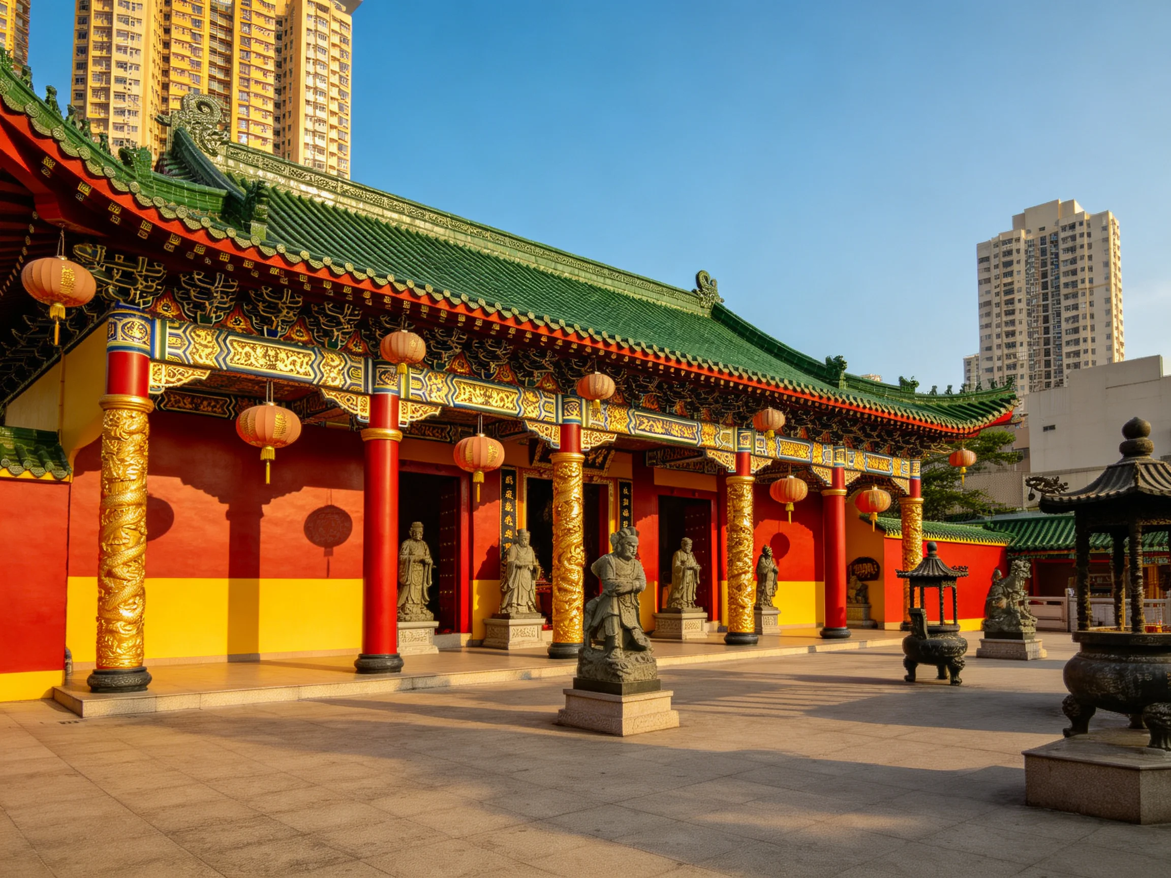 Colorful Traditional Temple with Red Walls, Green Roof, and Statues