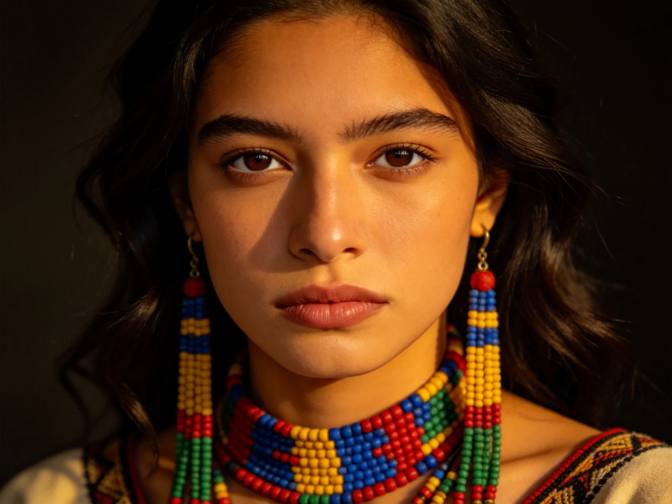 Colorful beaded necklaces and earrings on a person with dark wavy hair