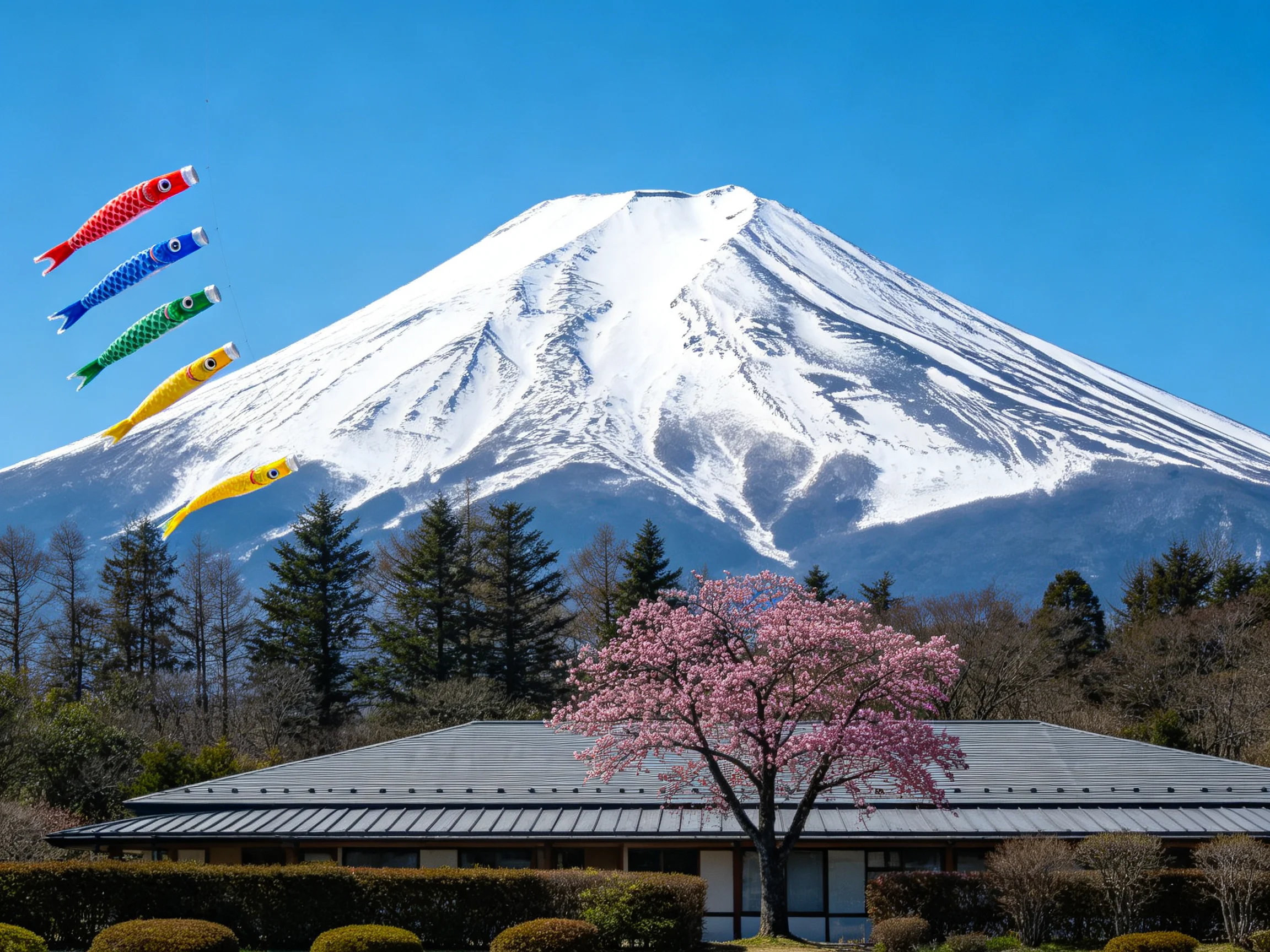Colorful carp streamers near Mount Fuji with cherry blossom and traditional house