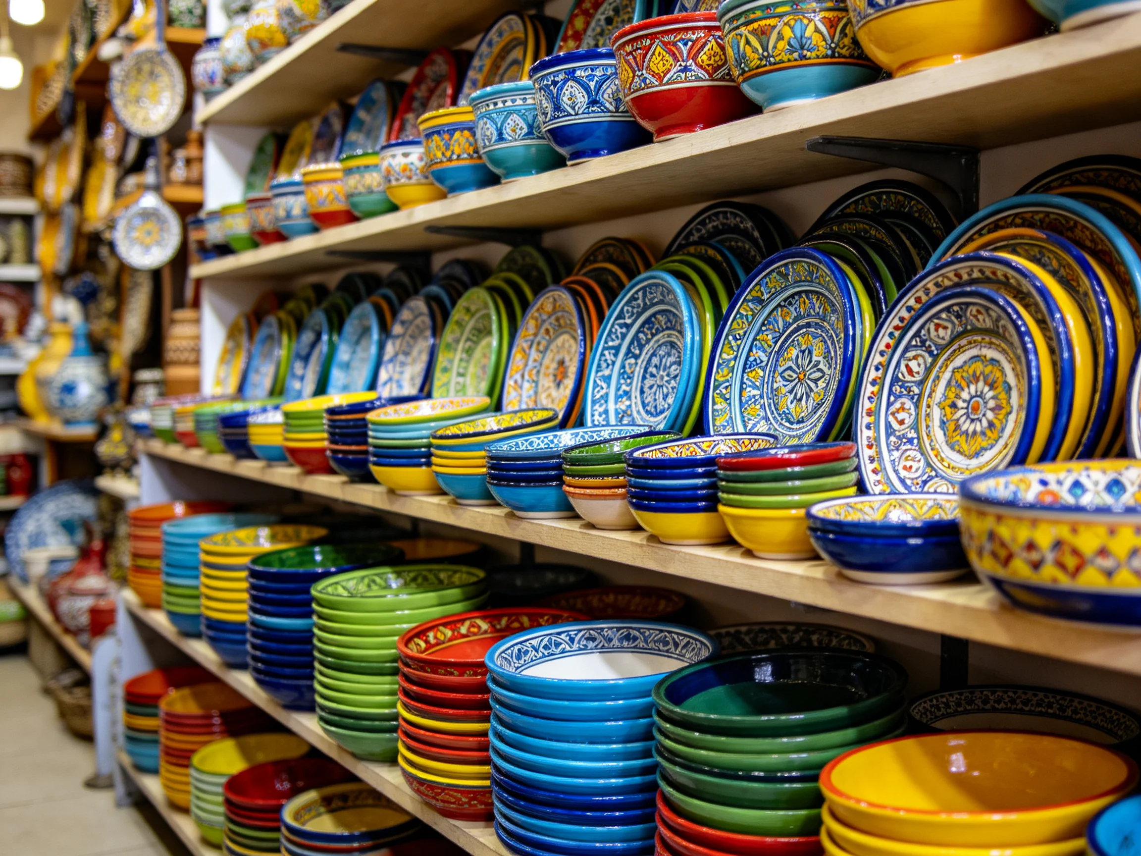 Colorful ceramic dishes and bowls stacked on wooden shelves