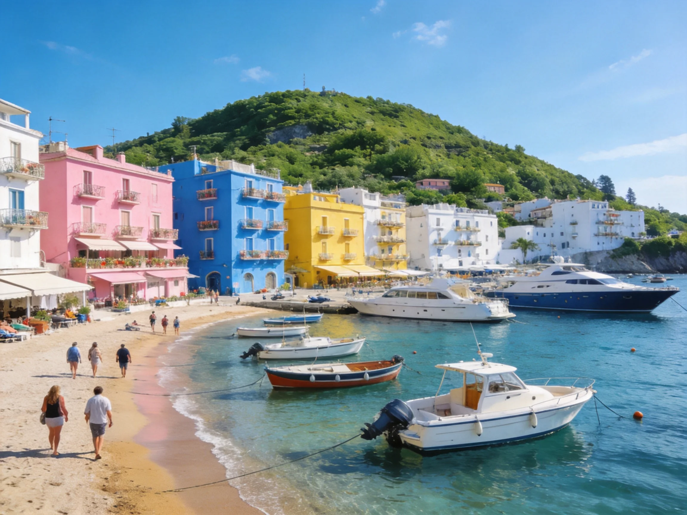Colorful coastal town with pastel buildings, sandy shore, and docked boats