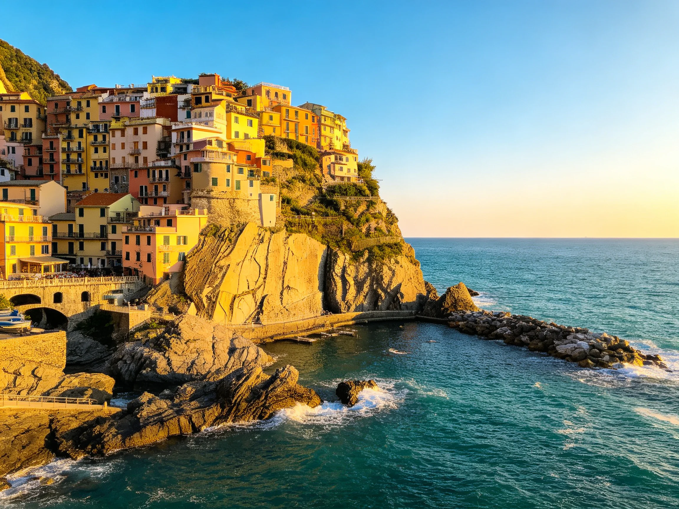 Colorful coastal village perched on rocky cliffs by turquoise waters