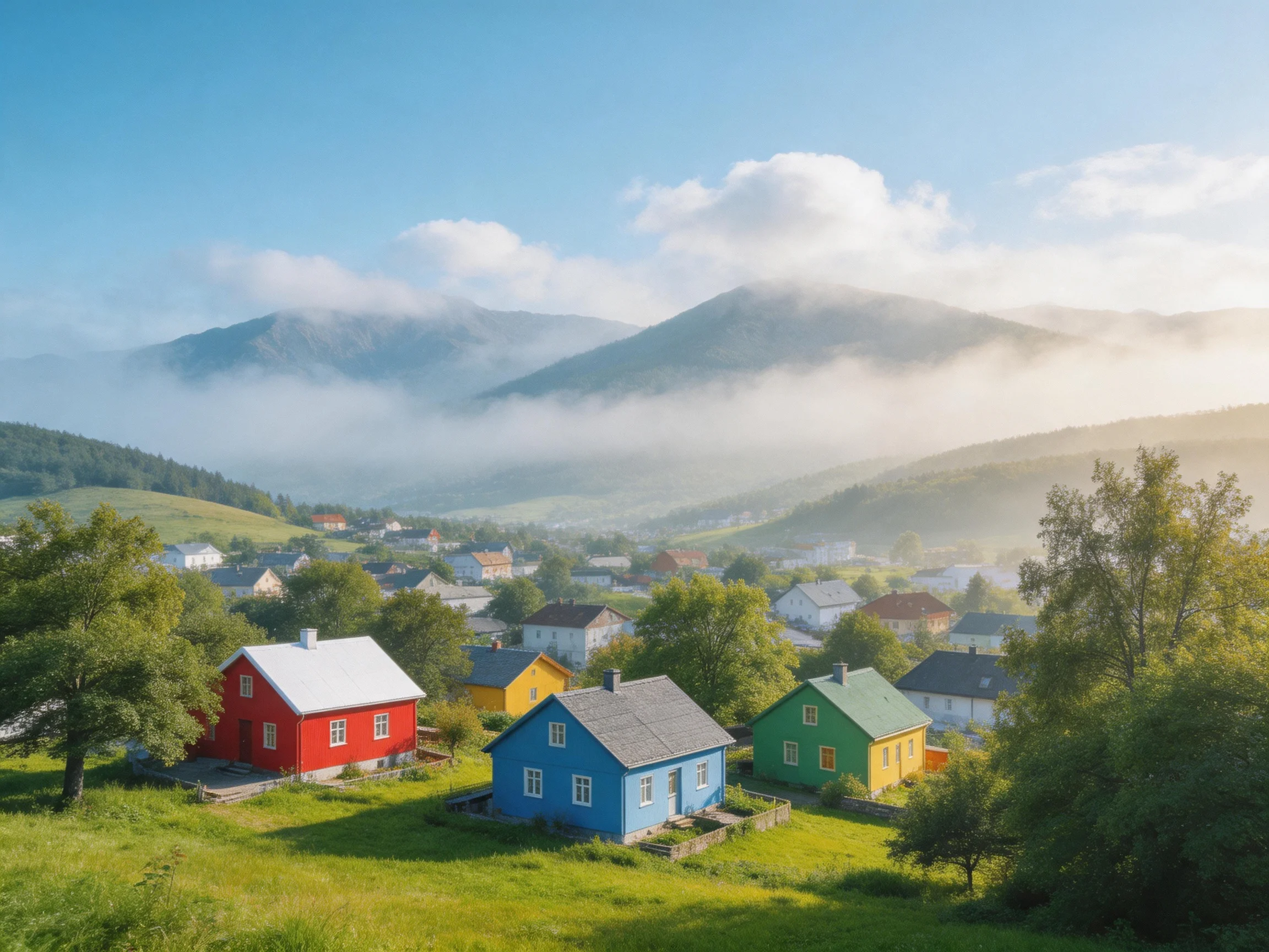 Colorful cottages in red, blue, green amidst misty mountain village scenery