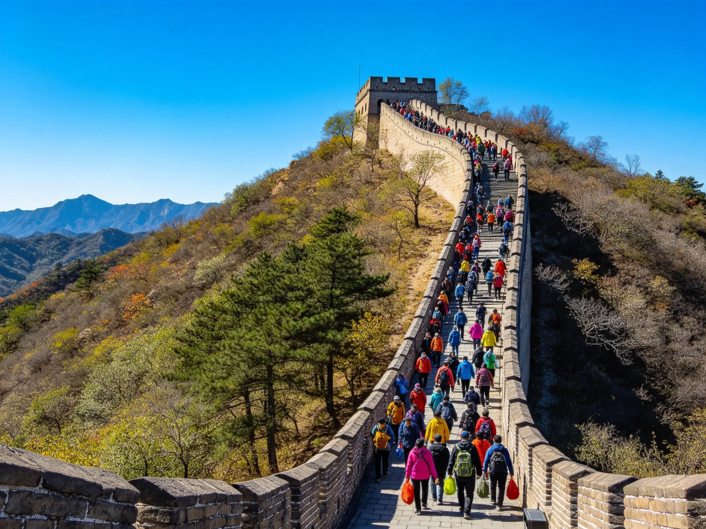 Colorful crowds traverse historic stone Great Wall under bright blue sky