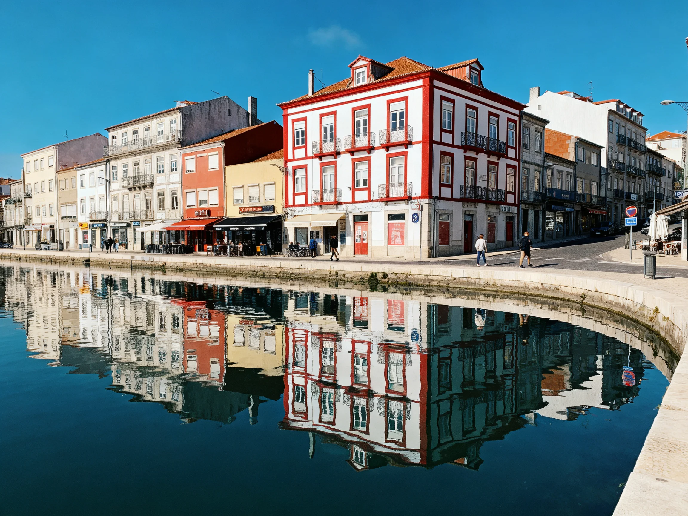 Colorful historic buildings reflect in a serene canal along a cobblestone street.