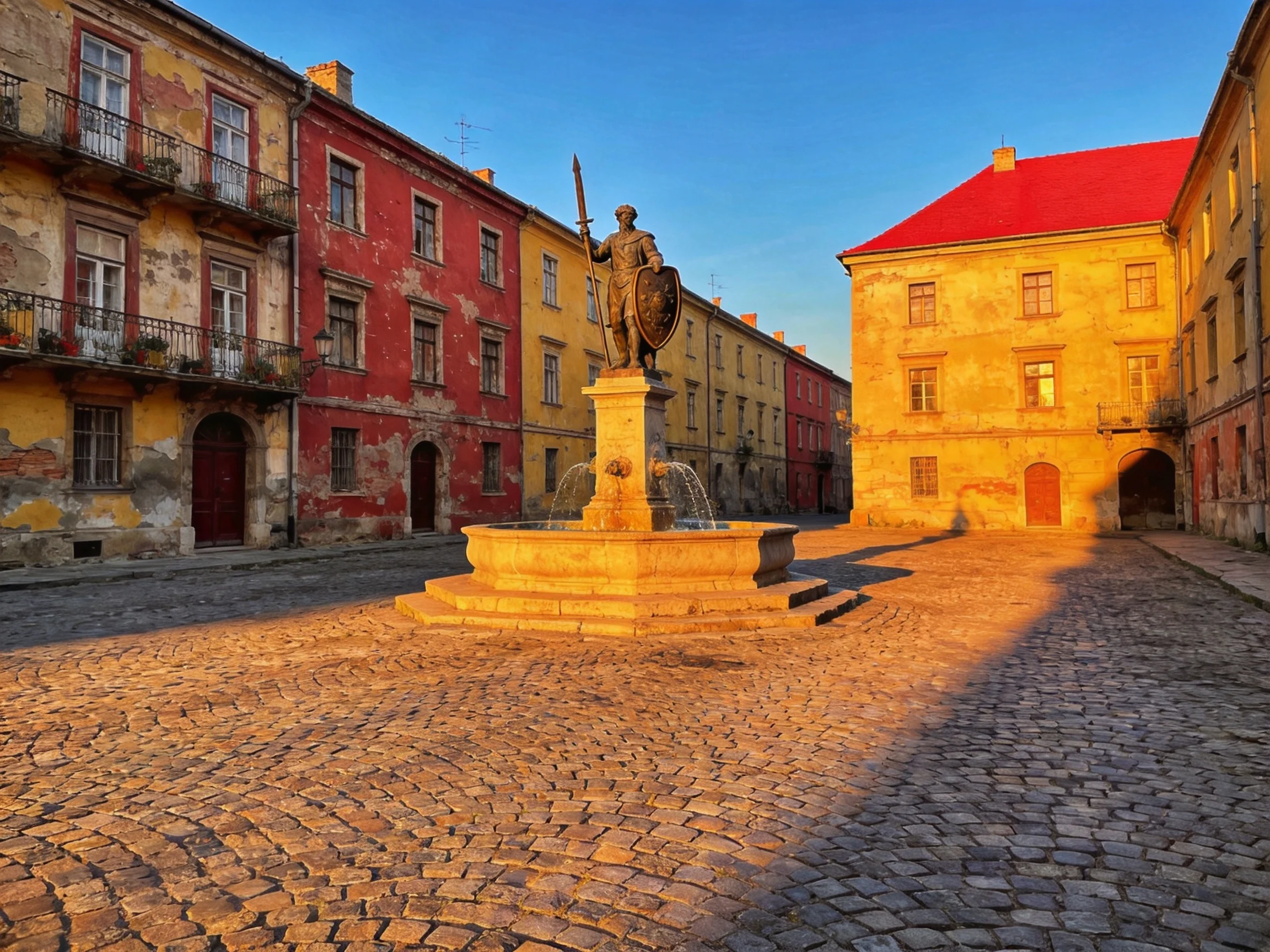 Colorful historic buildings surround a central statue fountain in a cobblestone square.