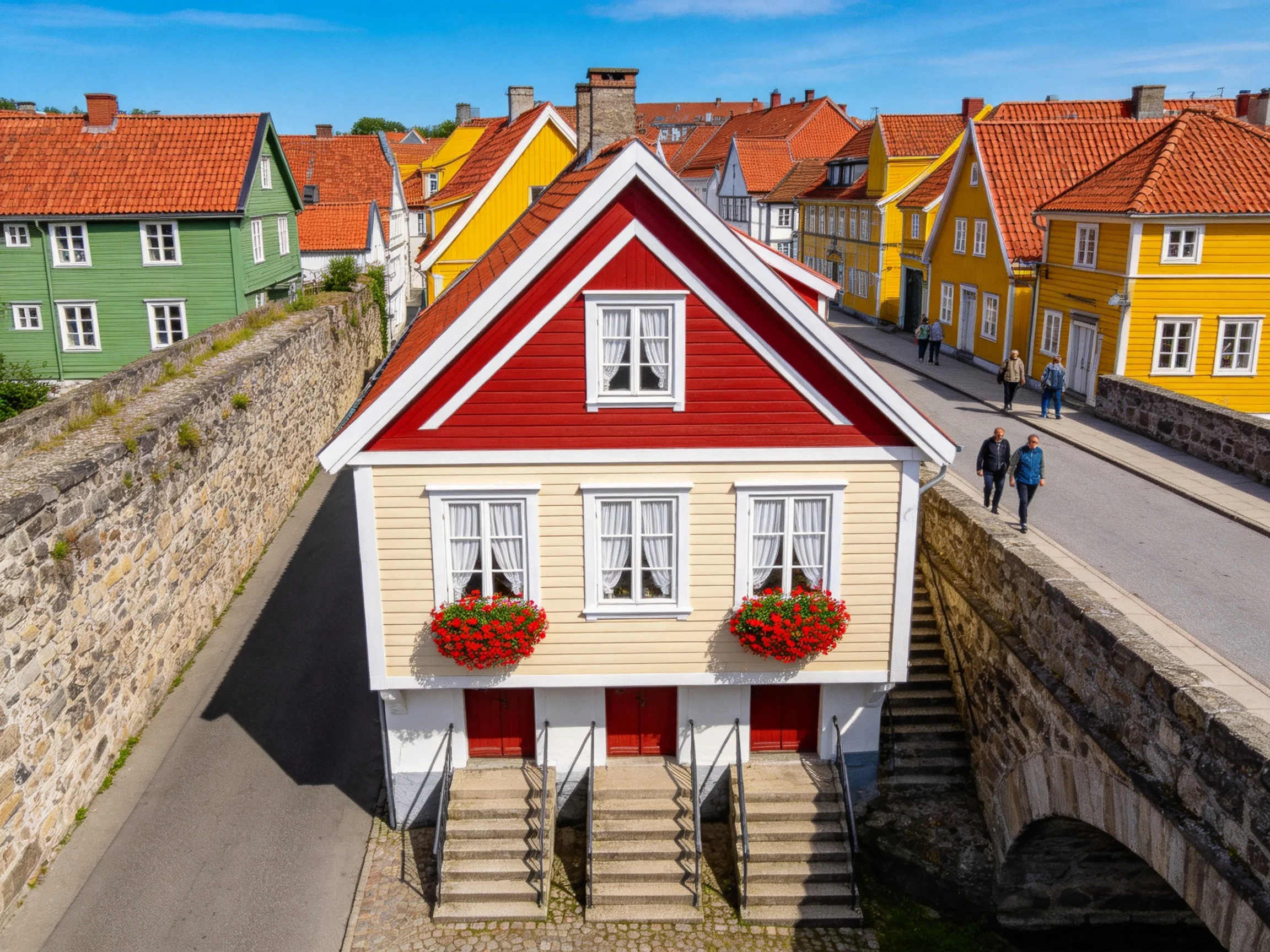 Colorful historic townhouses with vibrant facades and stone walls