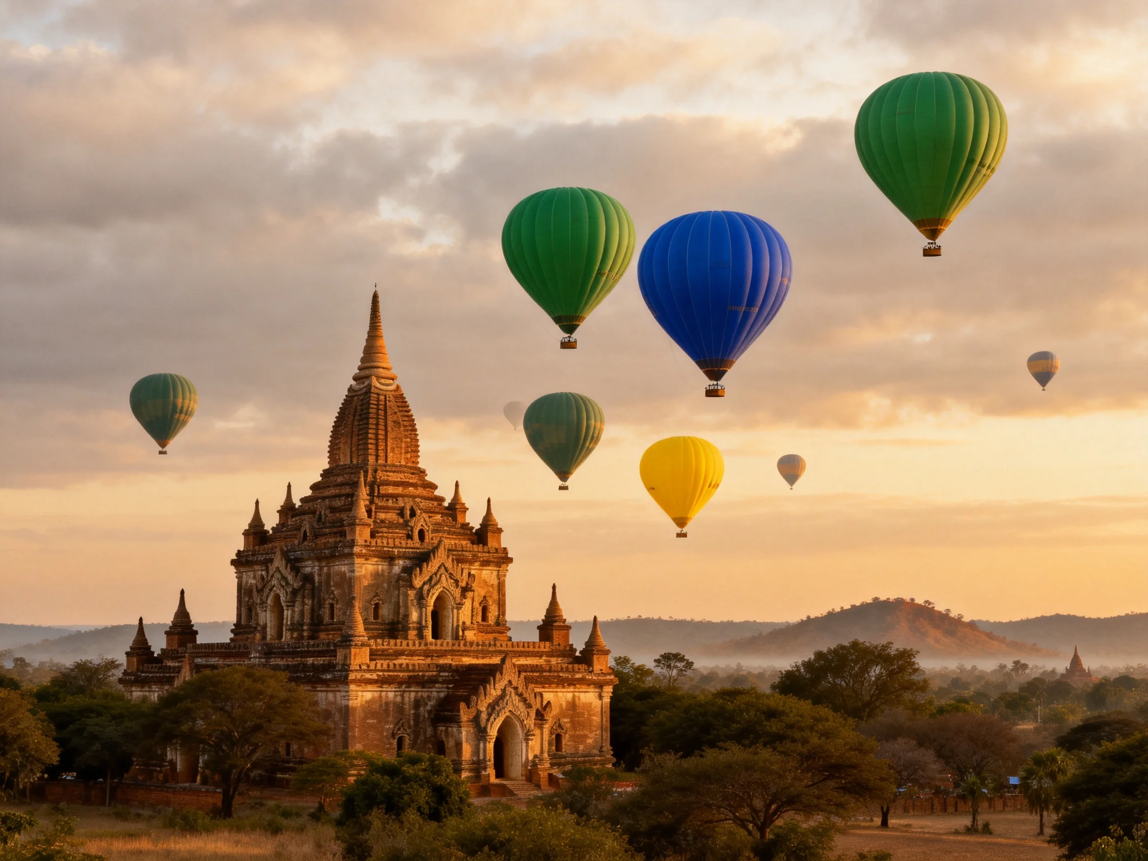 Colorful hot air balloons float over ancient temples at sunrise