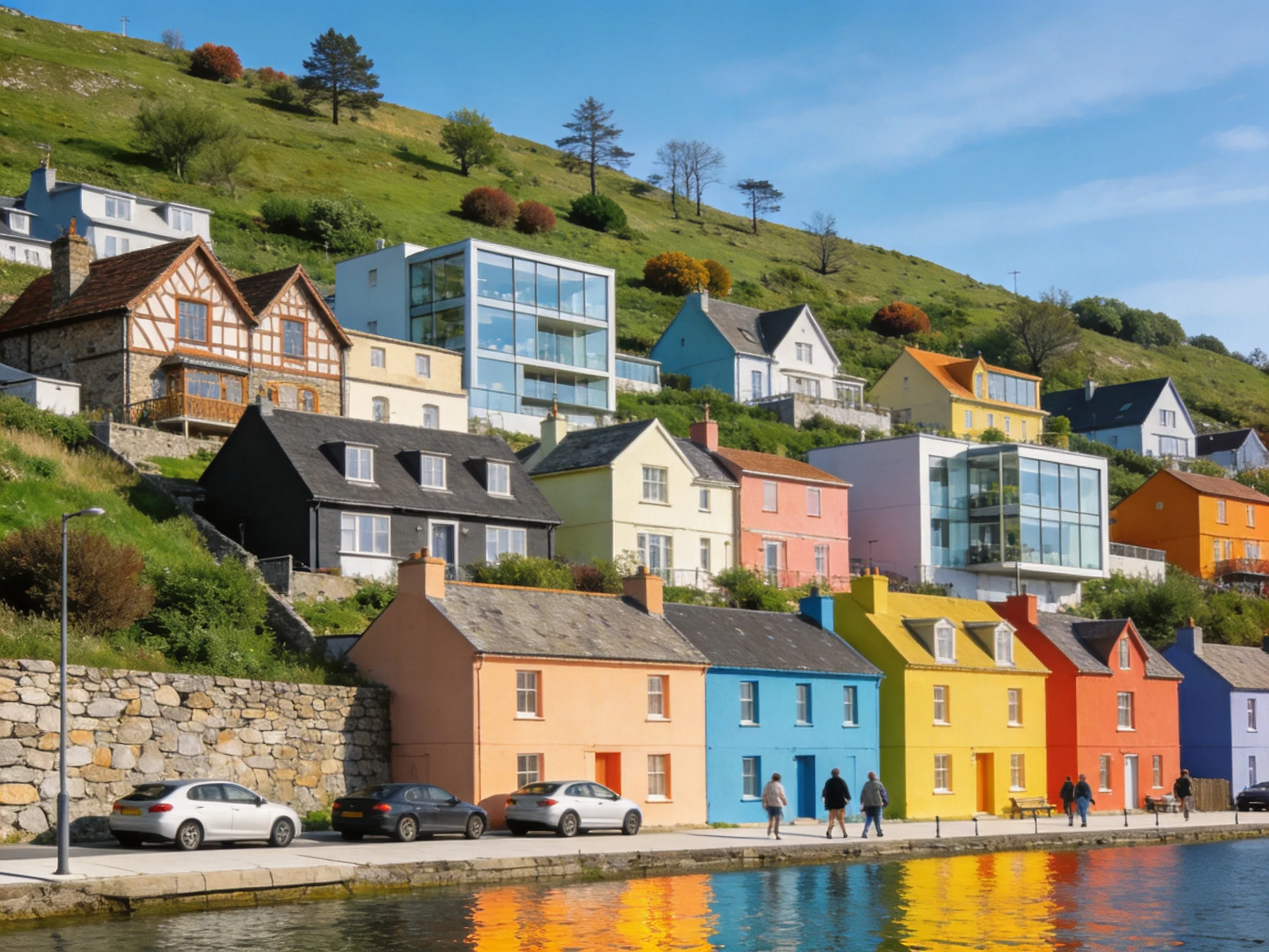 Colorful houses are arranged along a waterfront with a green hillside in the background