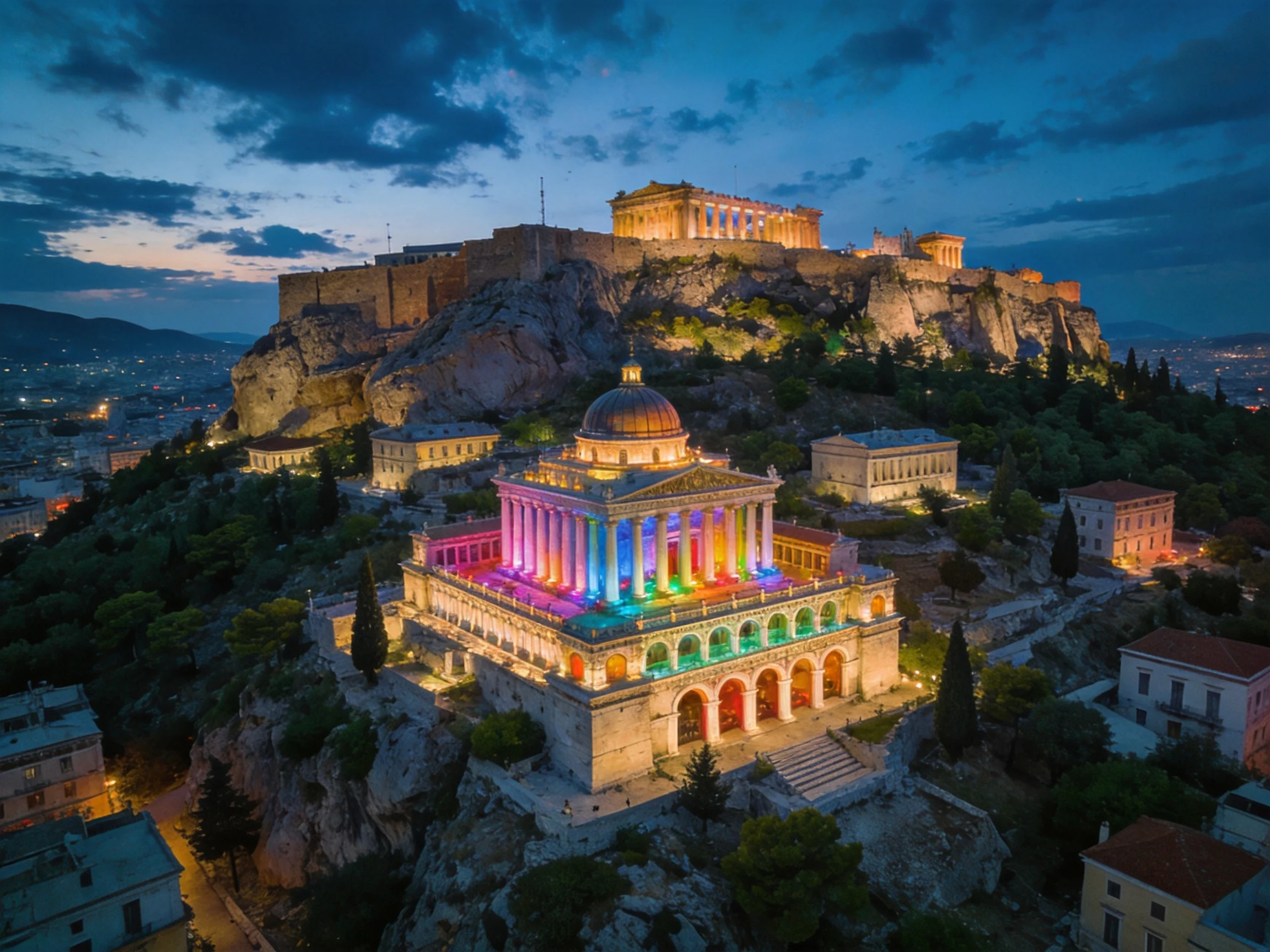 Colorful illuminated building below historic Acropolis at twilight