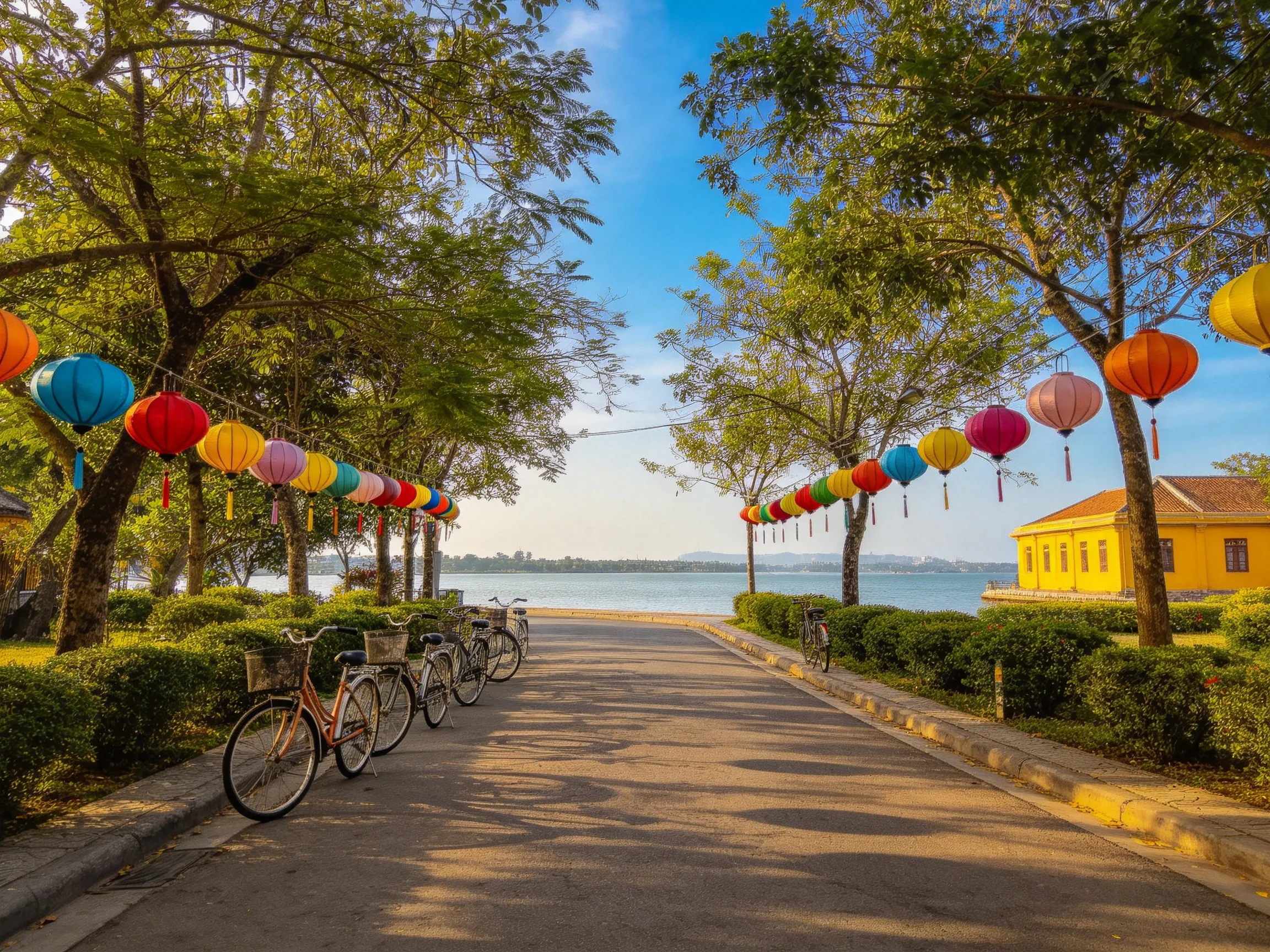 Colorful lanterns hang along a tree-lined waterfront path with parked bicycles