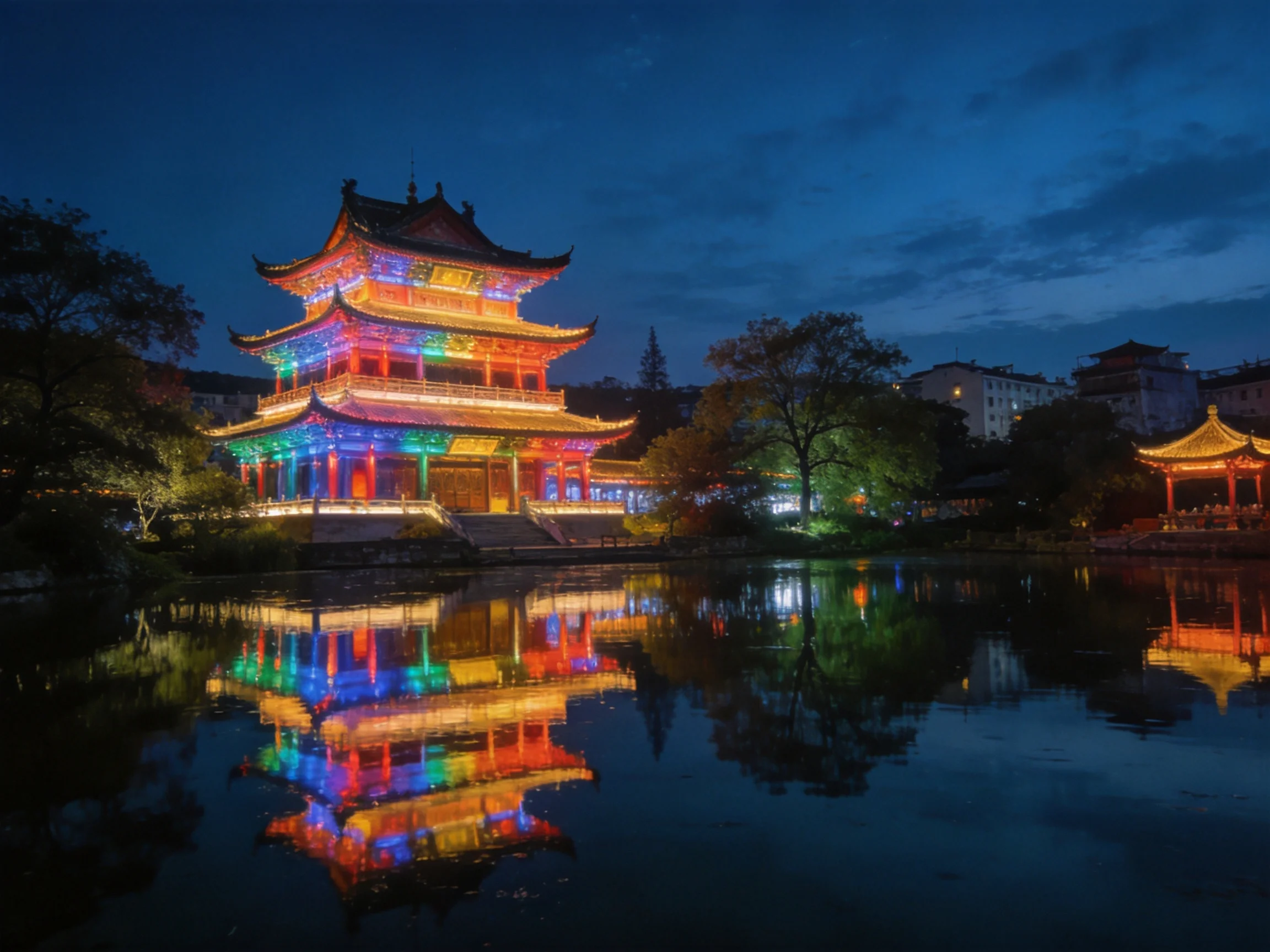Colorful multi - tiered pagoda lit up at night with water reflection