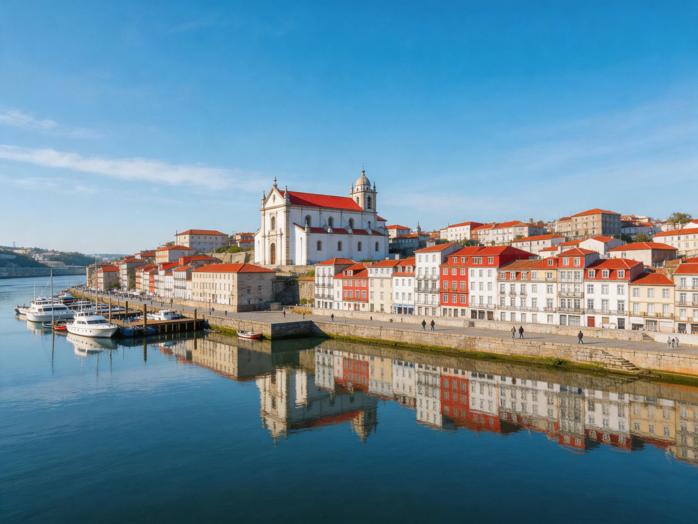 Colorful riverside town with red-roofed buildings and a white church