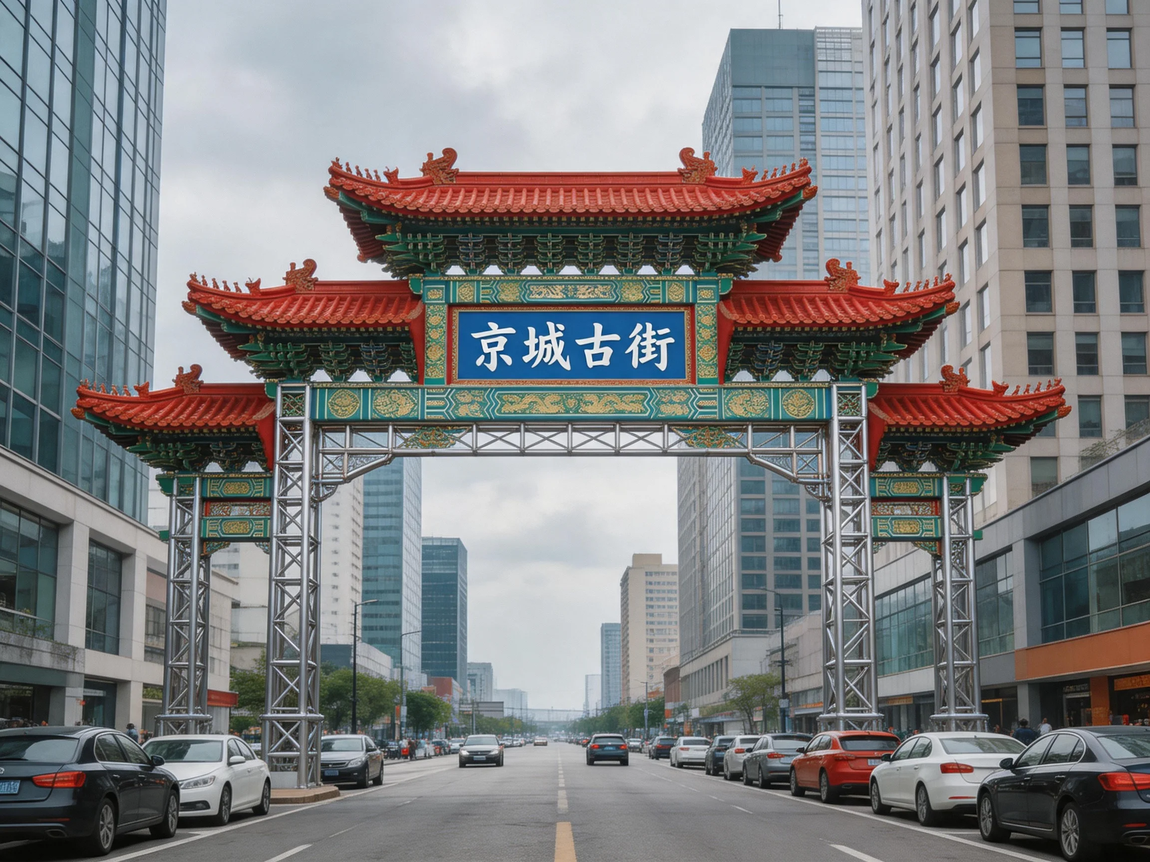 Colorful traditional archway marks Jingcheng Ancient Street entrance