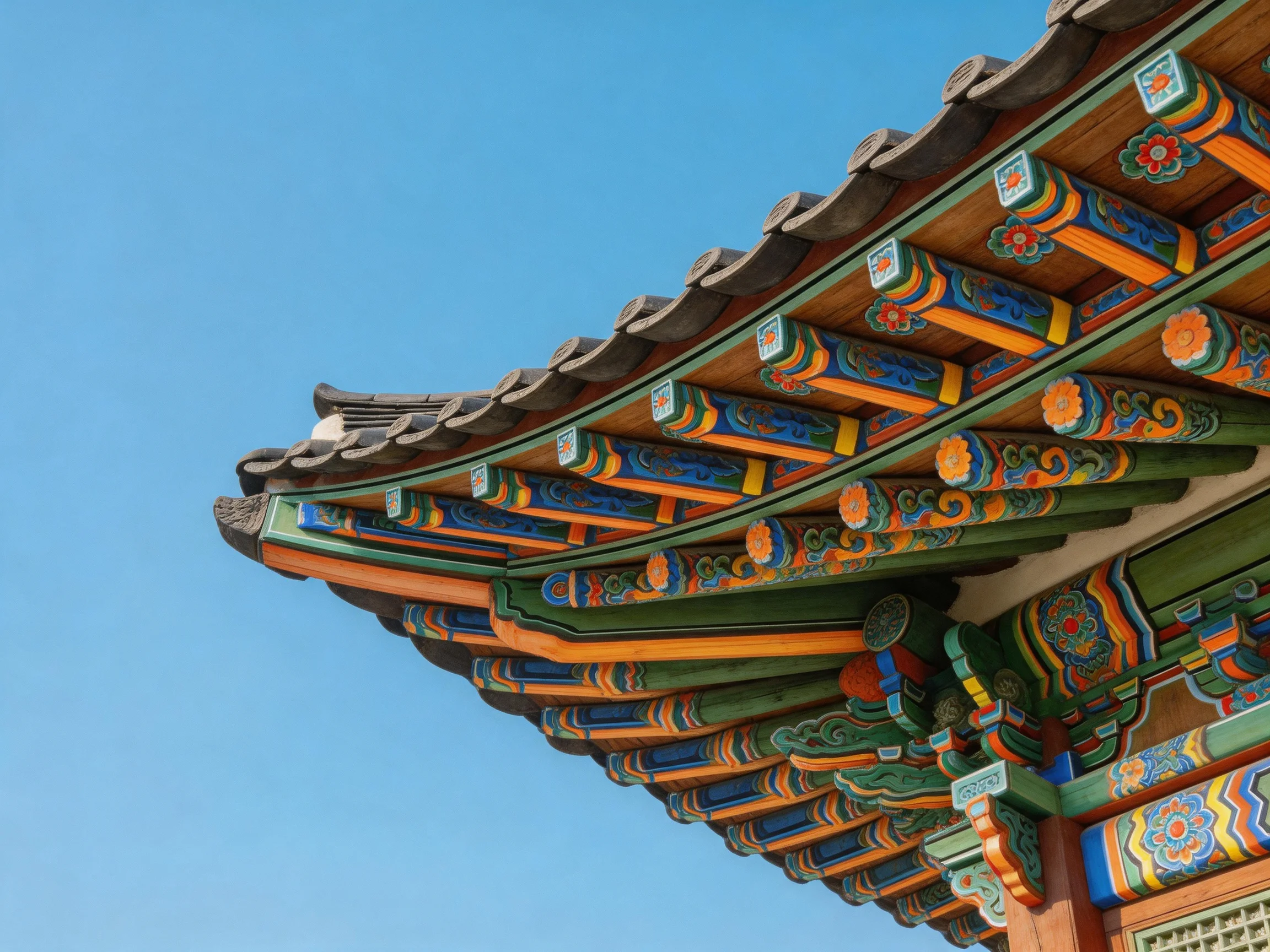 Colorful traditional roof with ornate wooden beams and decorative patterns