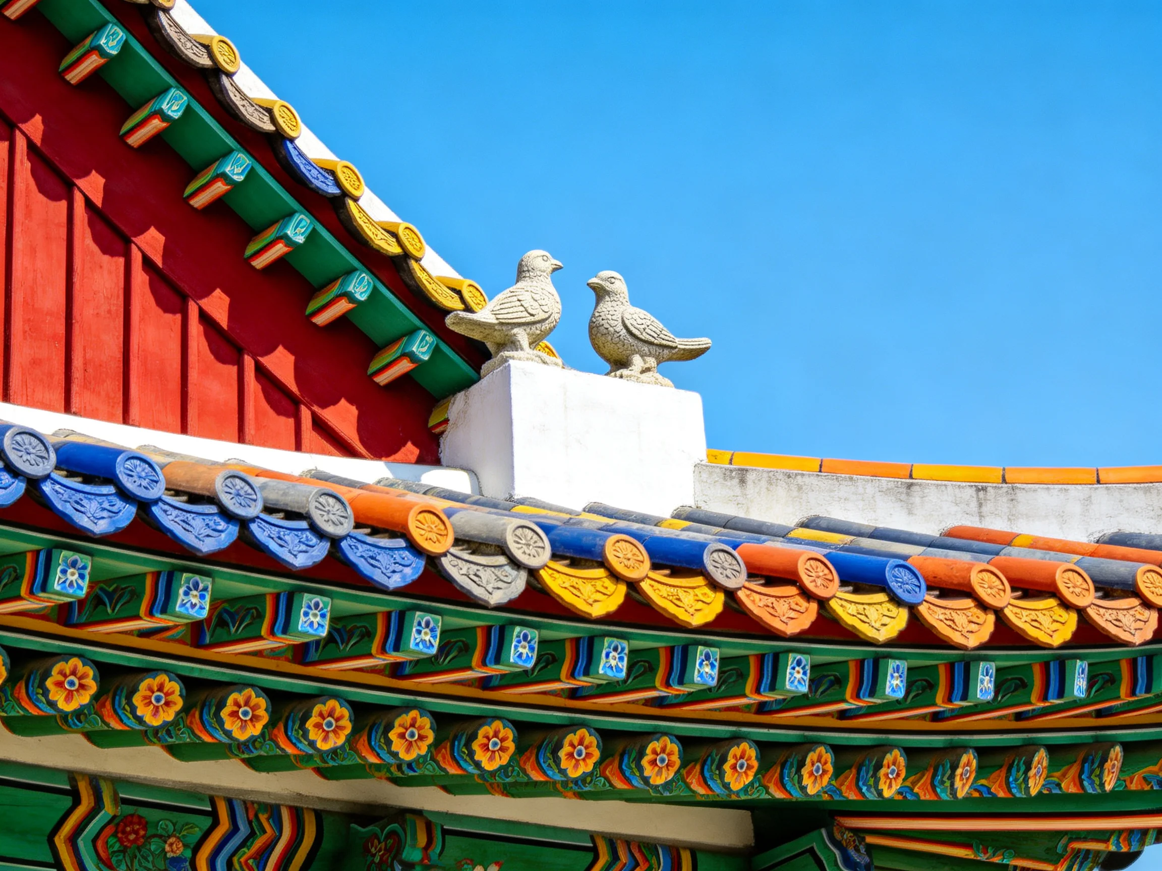Colorful traditional roof with two stone bird statues