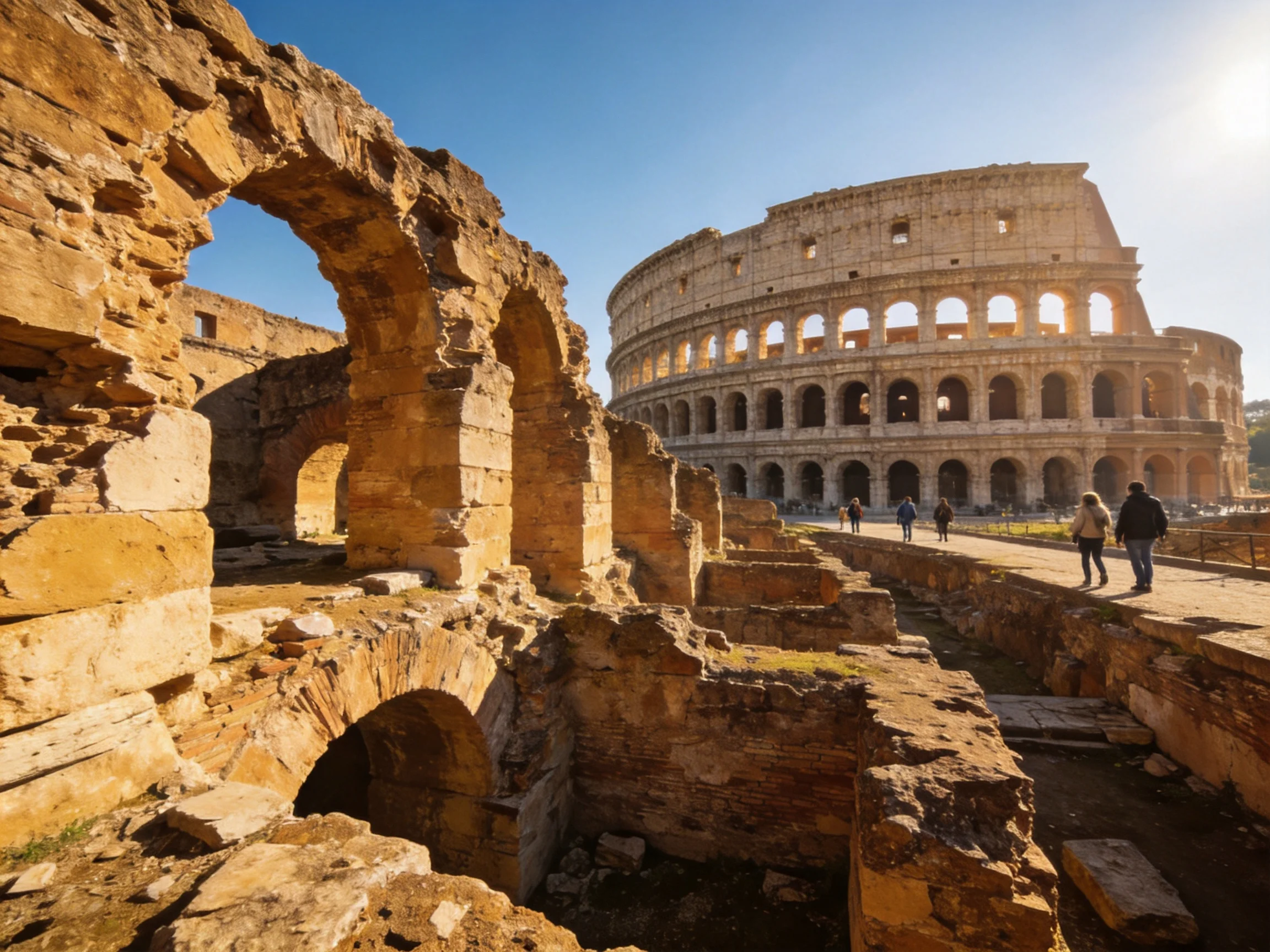 Colosseum and Ancient Ruin Structures Under Sunny Lighting
