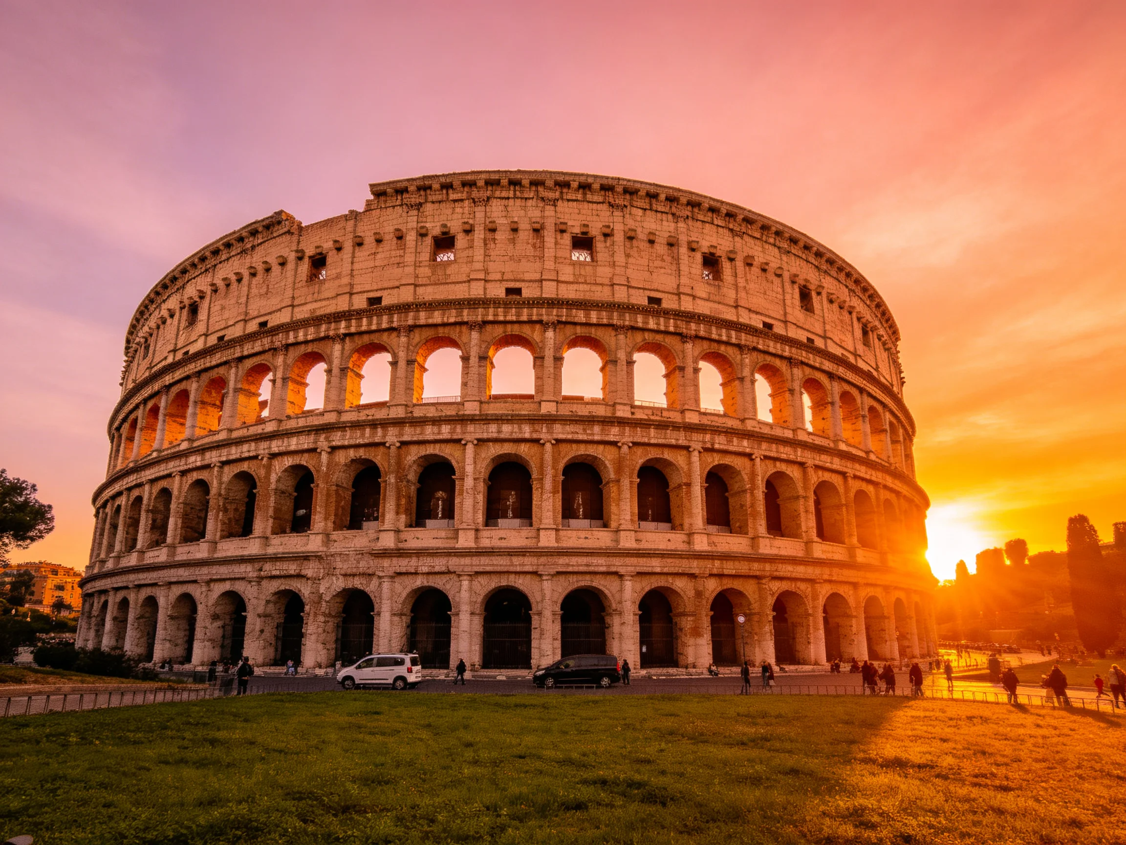 Colosseum illuminated by vibrant sunset hues