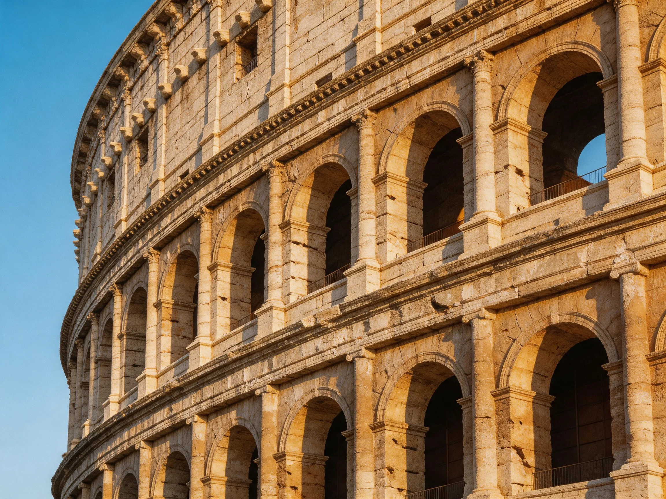 Colosseums aged stone arches illuminated by warm sunlight