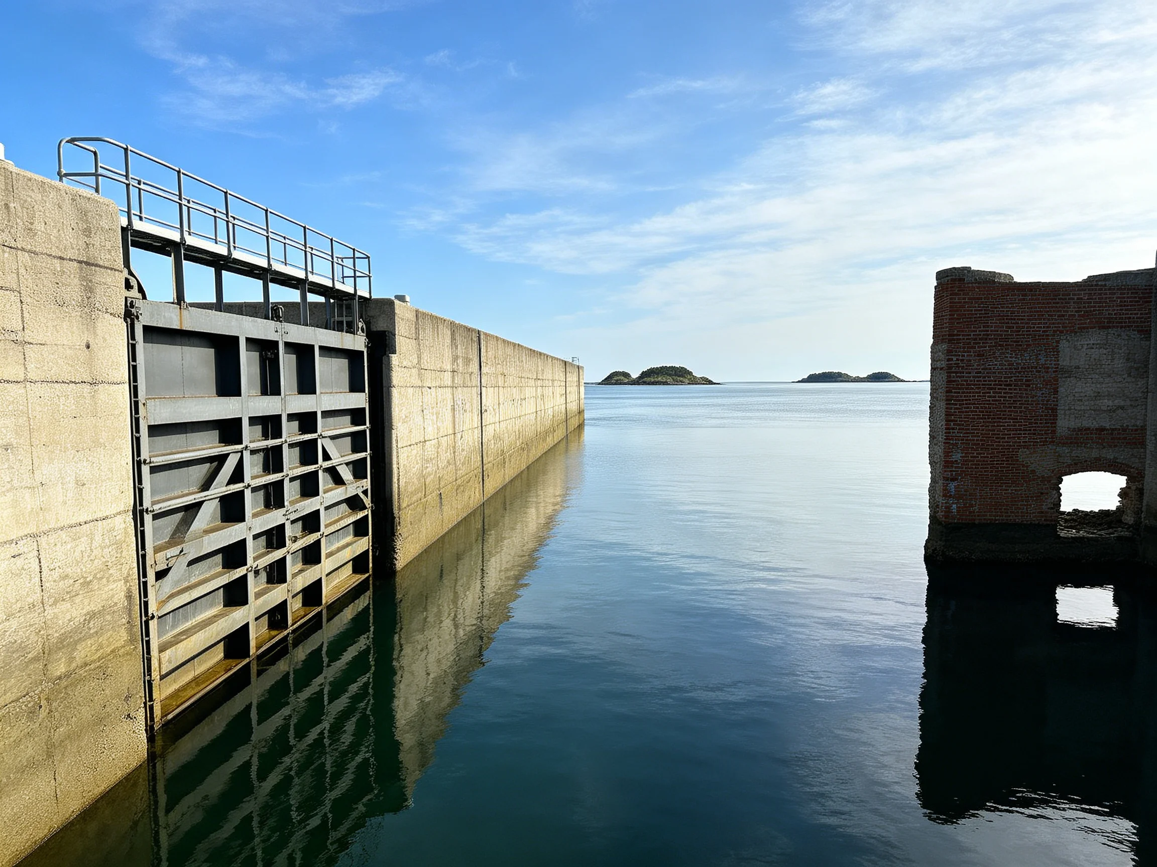 Concrete Lock Gate by Brick Ruin Over Calm Water
