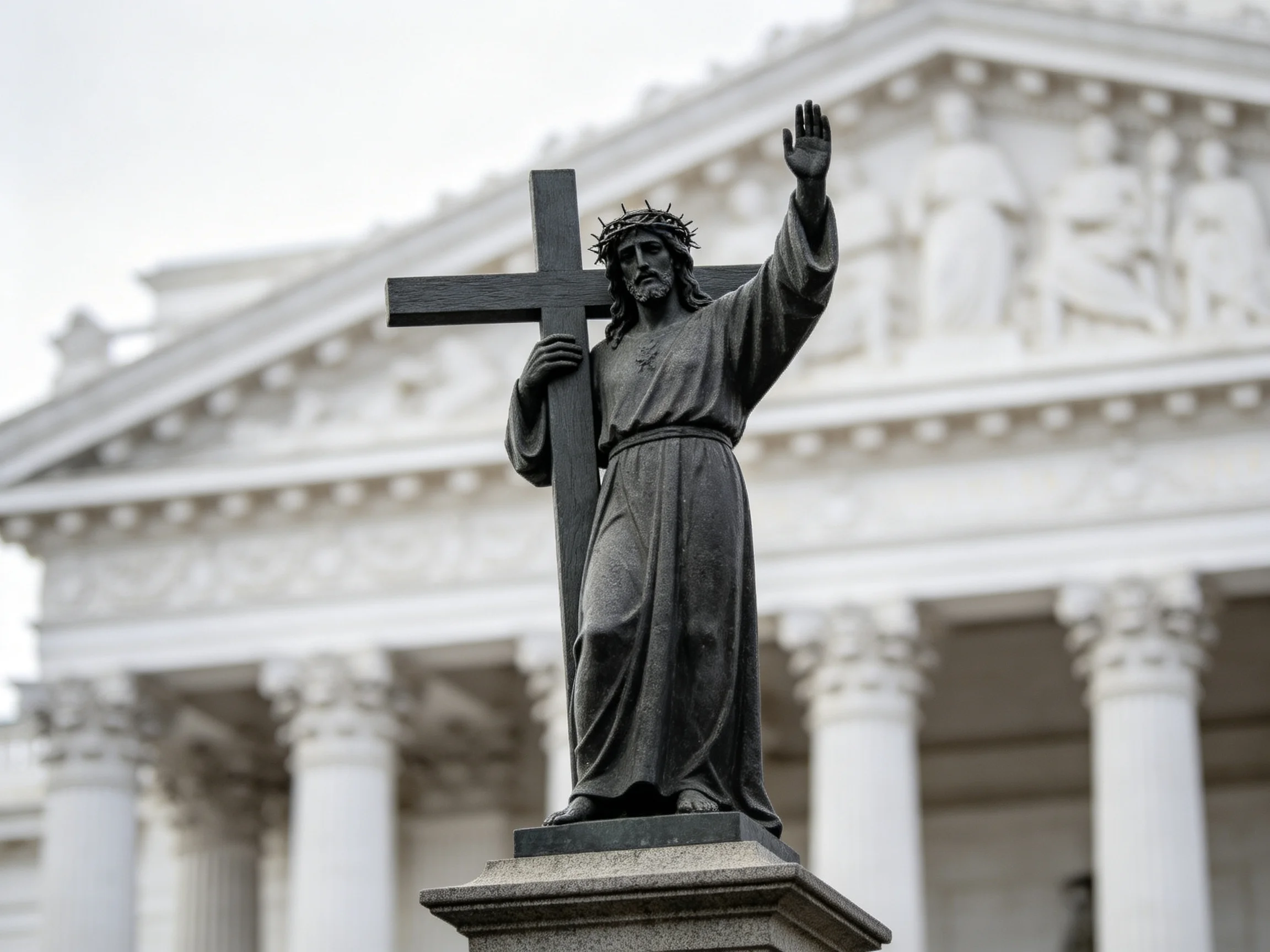 Dark bronze statue of Jesus with cross near white classical building