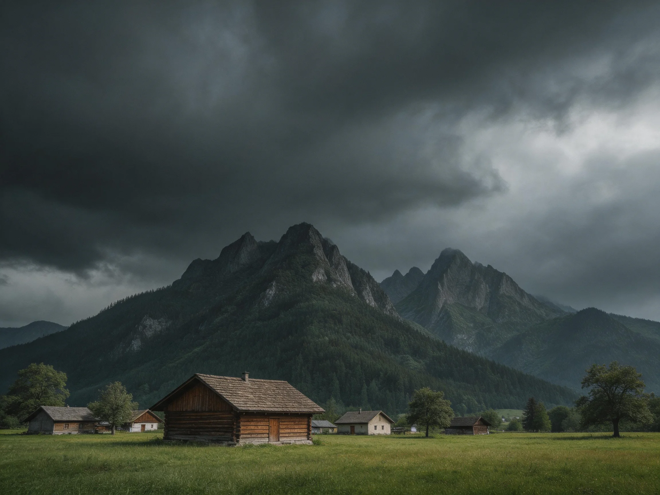 Dark storm clouds loom over wooden cabins near majestic mountains